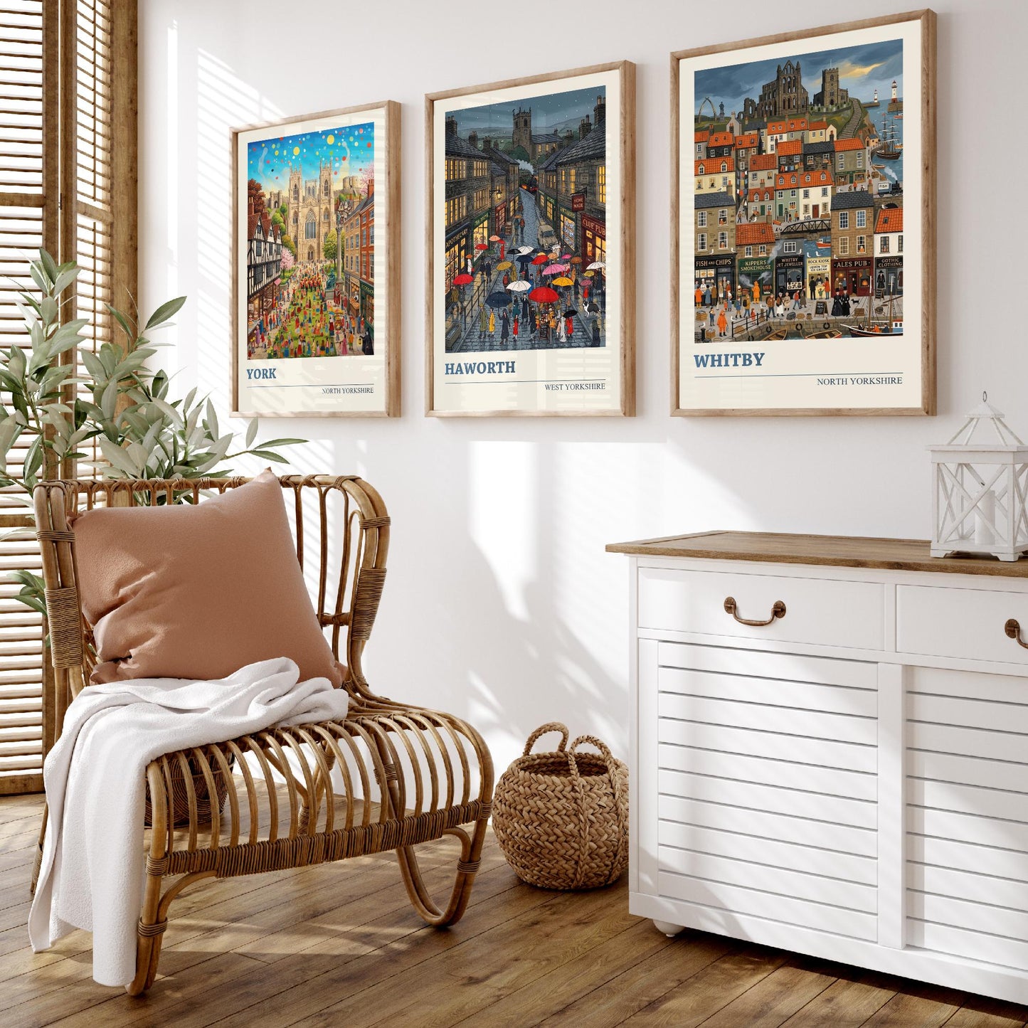 Yorkshire Set of Three Art Prints - York, Haworth, Whitby - 3 Colourful Folk Illustration Travel Posters - God's Own County Painting