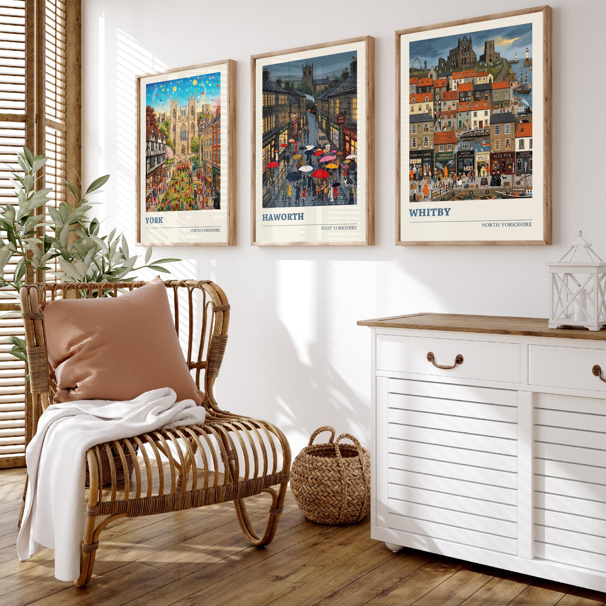 Yorkshire Set of Three Art Prints - York, Haworth, Whitby - 3 Colourful Folk Illustration Travel Posters - God's Own County Painting