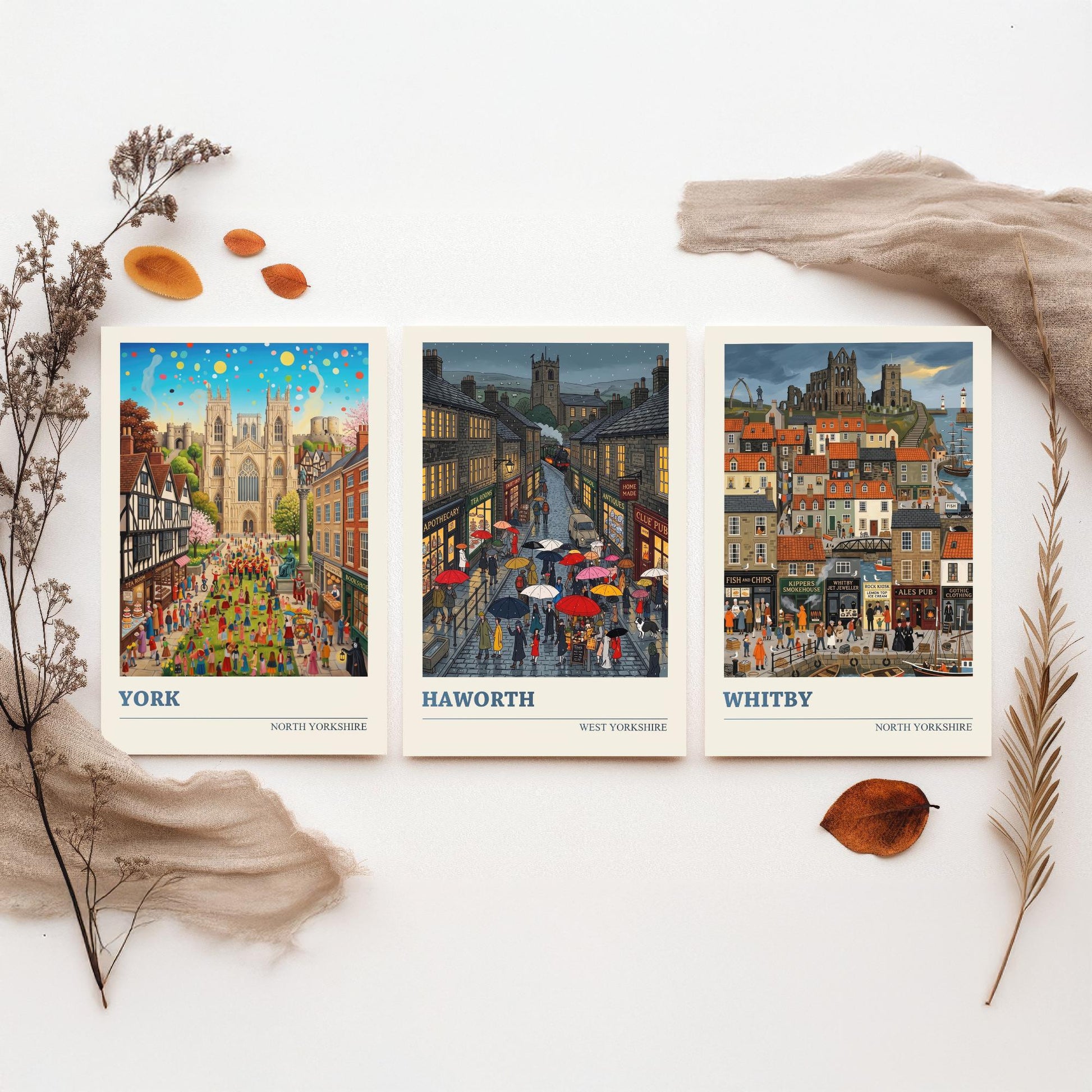 Yorkshire Set of Three Art Prints - York, Haworth, Whitby - 3 Colourful Folk Illustration Travel Posters - God's Own County Painting