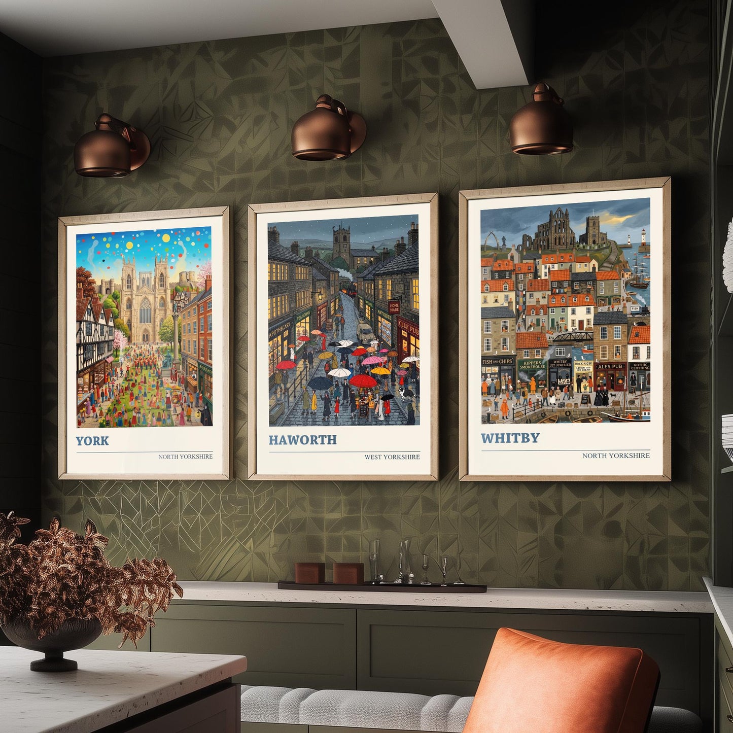 Yorkshire Set of Three Art Prints - York, Haworth, Whitby - 3 Colourful Folk Illustration Travel Posters - God's Own County Painting