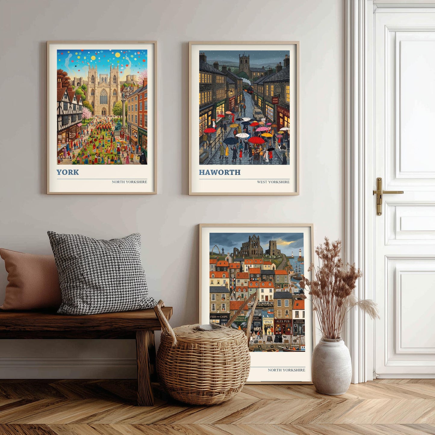 Yorkshire Set of Three Art Prints - York, Haworth, Whitby - 3 Colourful Folk Illustration Travel Posters - God's Own County Painting