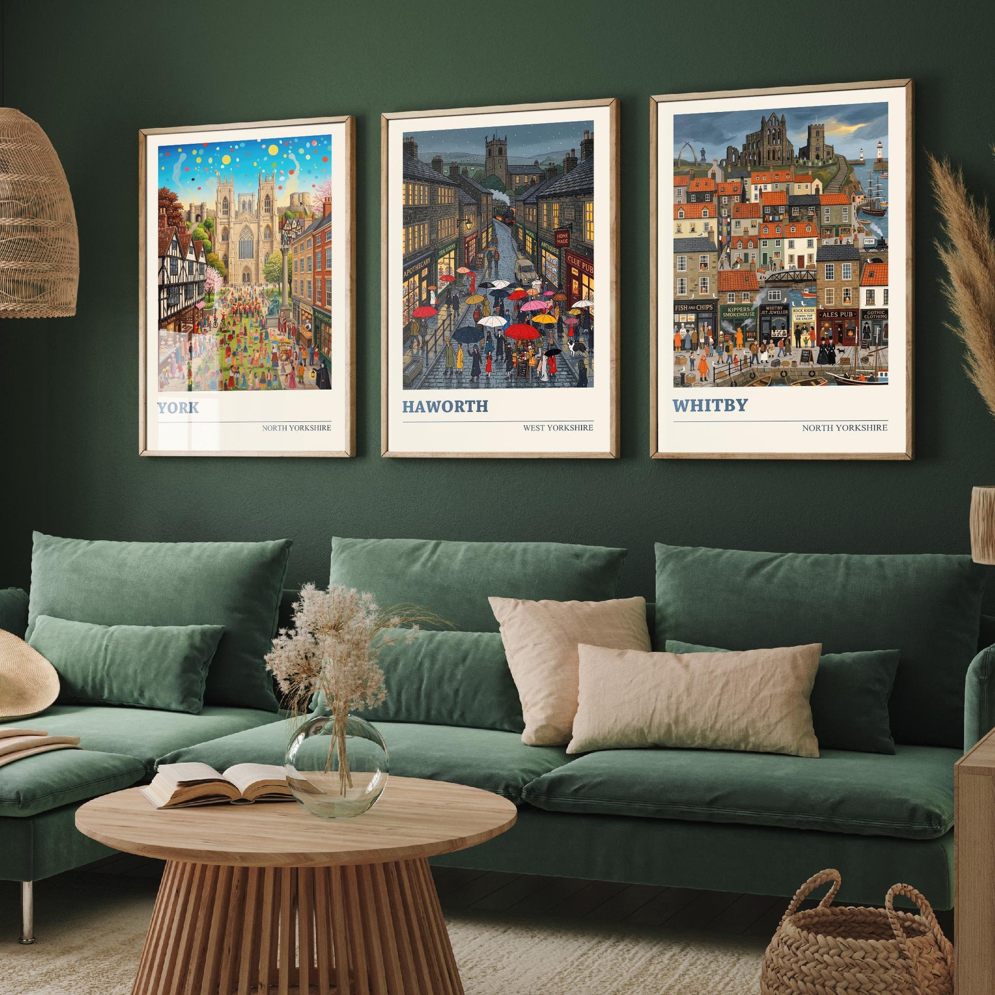 Yorkshire Set of Three Art Prints - York, Haworth, Whitby - 3 Colourful Folk Illustration Travel Posters - God's Own County Painting
