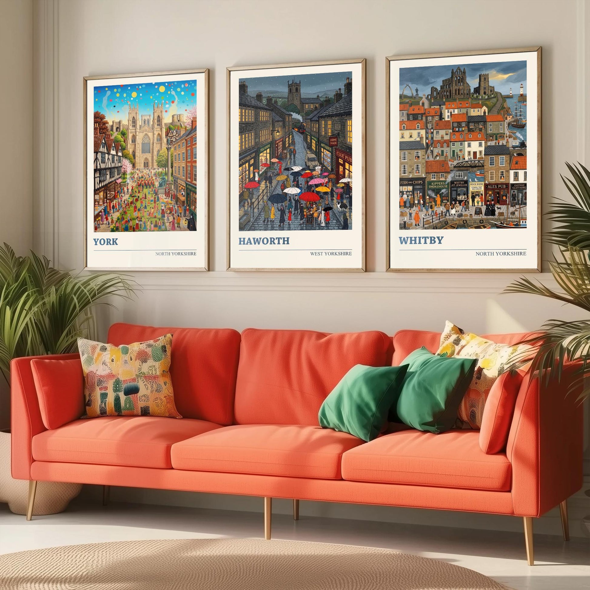 Yorkshire Set of Three Art Prints - York, Haworth, Whitby - 3 Colourful Folk Illustration Travel Posters - God's Own County Painting