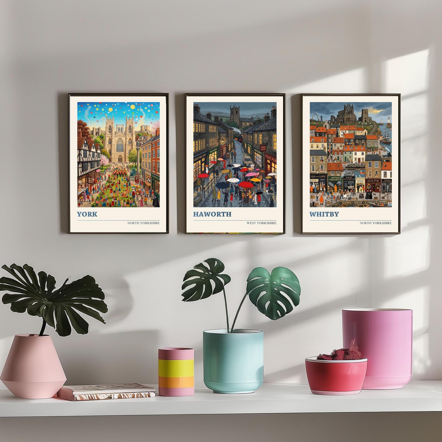 Yorkshire Set of Three Art Prints - York, Haworth, Whitby - 3 Colourful Folk Illustration Travel Posters - God's Own County Painting