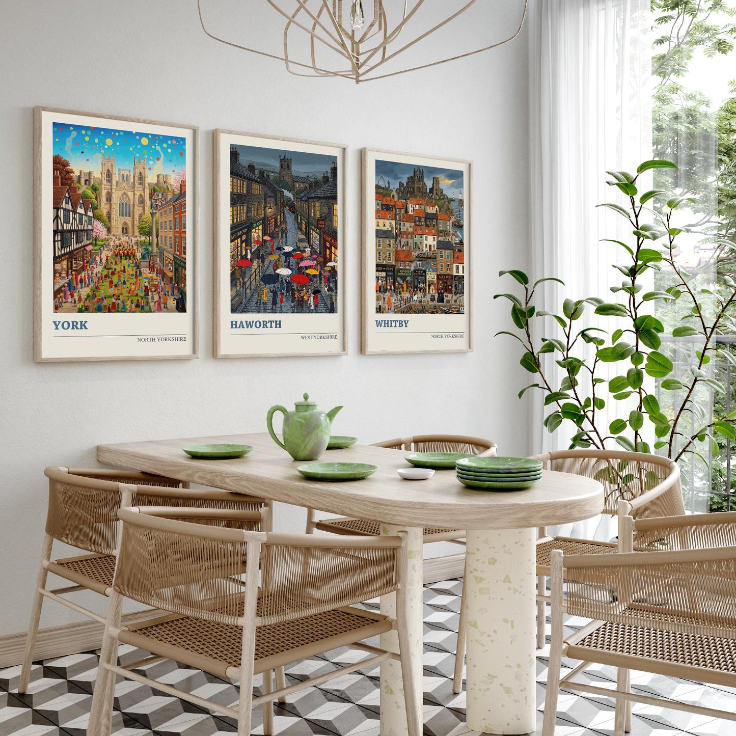 Yorkshire Set of Three Art Prints - York, Haworth, Whitby - 3 Colourful Folk Illustration Travel Posters - God's Own County Painting