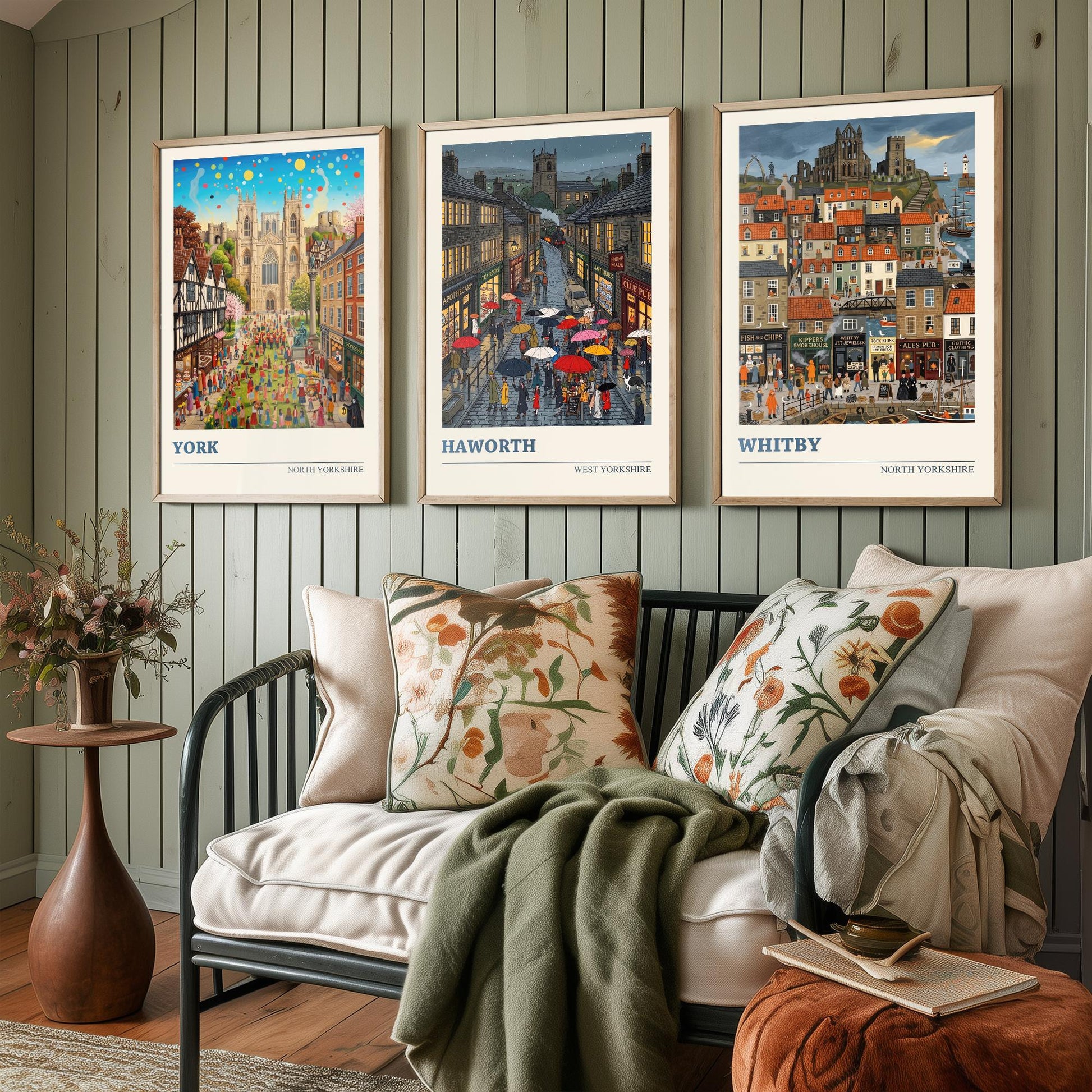 Yorkshire Set of Three Art Prints - York, Haworth, Whitby - 3 Colourful Folk Illustration Travel Posters - God's Own County Painting
