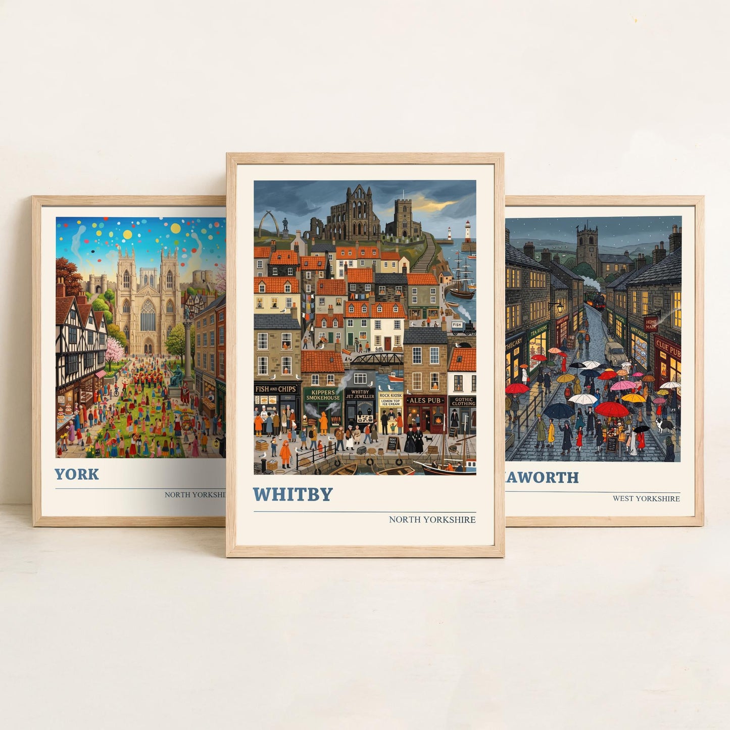 Yorkshire Set of Three Art Prints - York, Haworth, Whitby - 3 Colourful Folk Illustration Travel Posters - God's Own County Painting