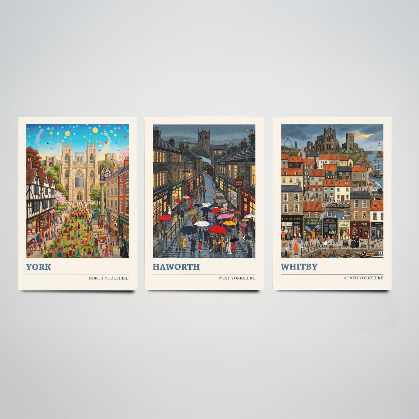 Yorkshire Set of Three Art Prints - York, Haworth, Whitby - 3 Colourful Folk Illustration Travel Posters - God's Own County Painting