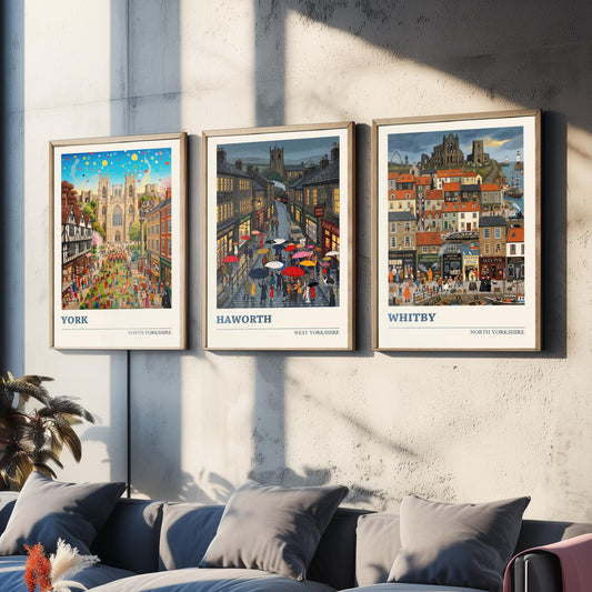 Yorkshire Set of Three Art Prints - York, Haworth, Whitby - 3 Colourful Folk Illustration Travel Posters - God's Own County Painting