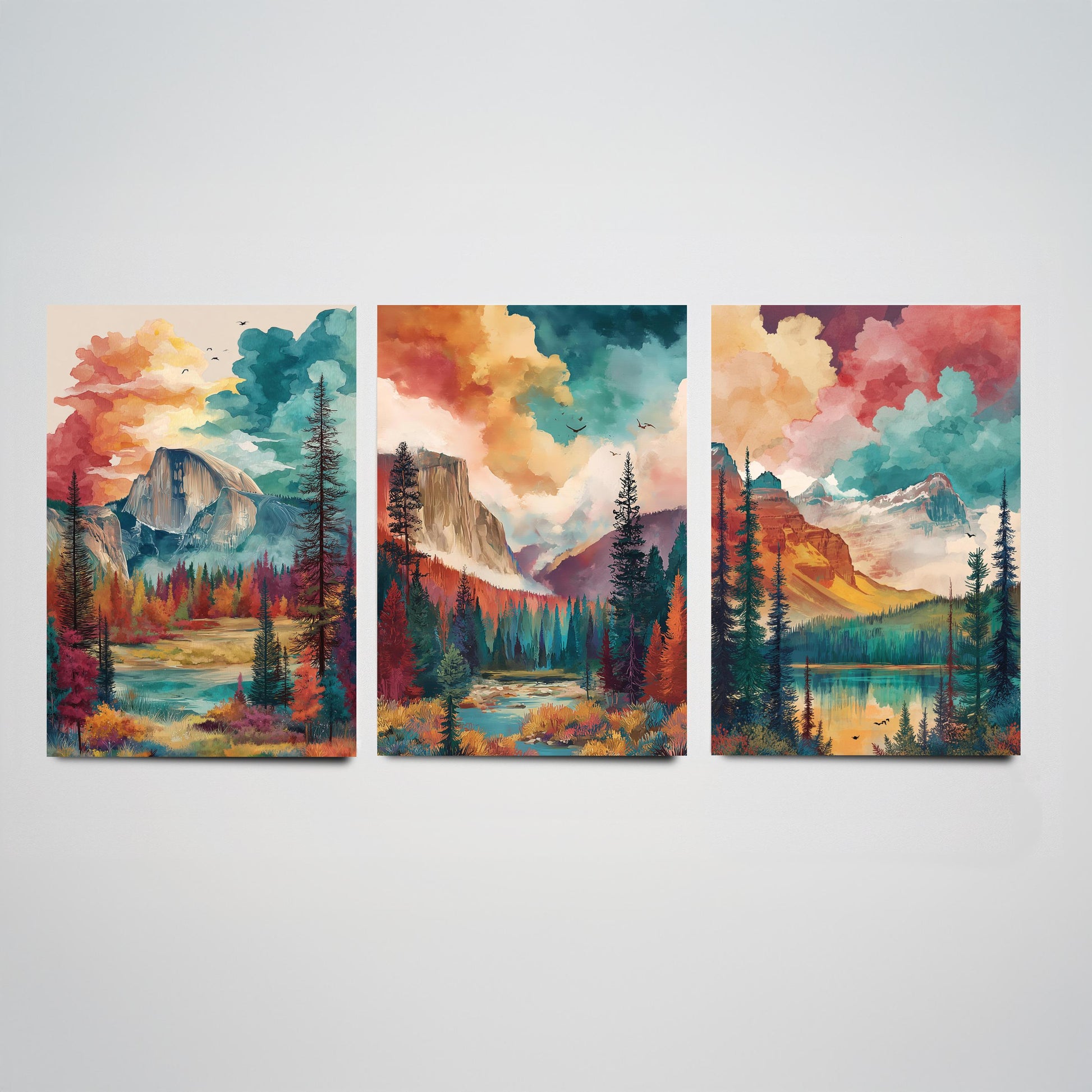 Yosemite National Park Set of Three Art Prints | Half Dome El Capitan Watercolour Poster