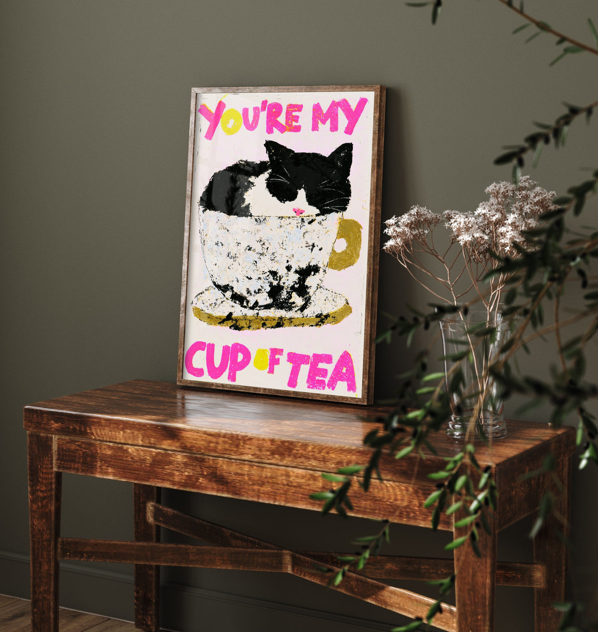 You're My Cup of Tea Cat Print - Black and White Kitty in Teacup Poster - Pink Pastel Illustration