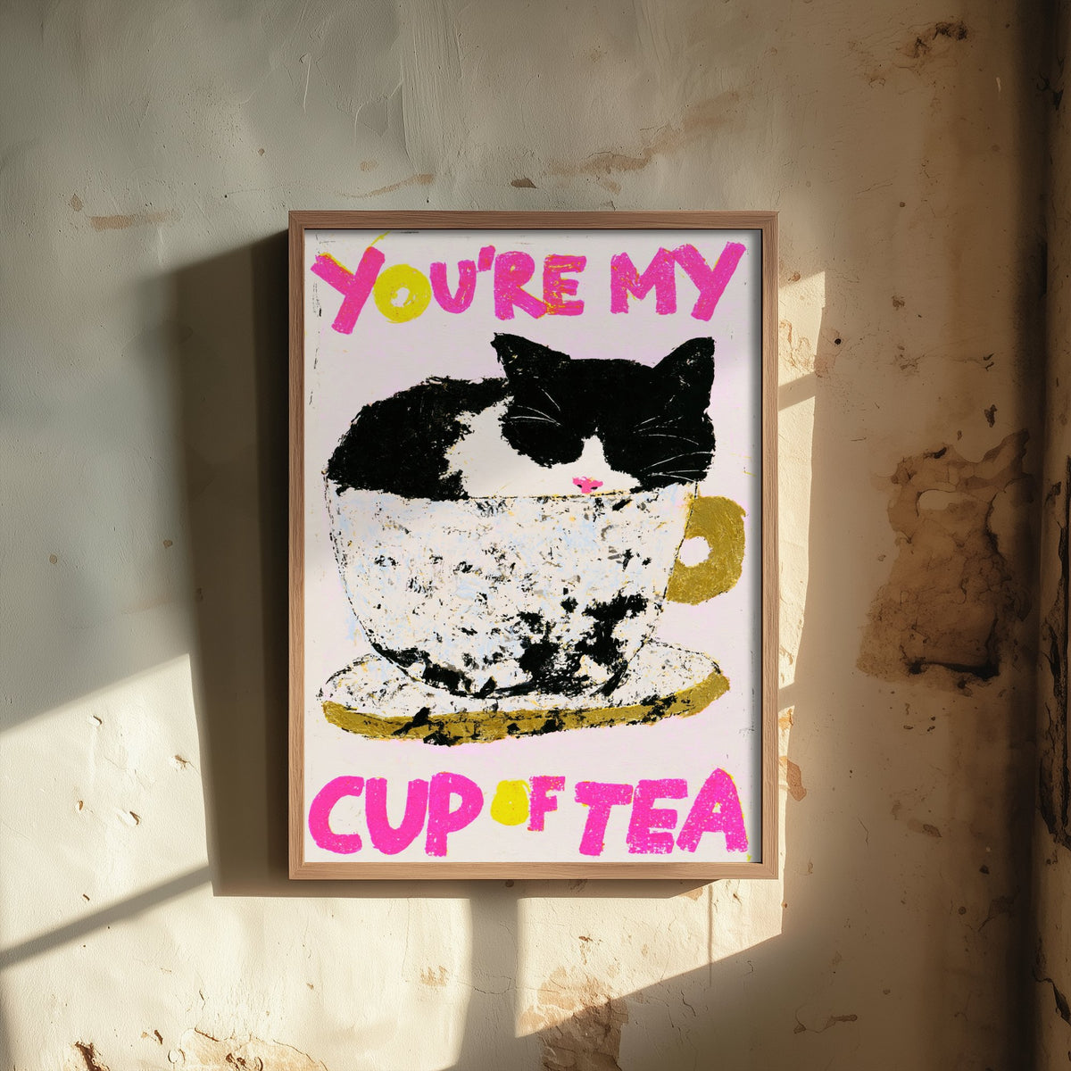 You're My Cup of Tea Cat Print - Black and White Kitty in Teacup Poster - Pink Pastel Illustration