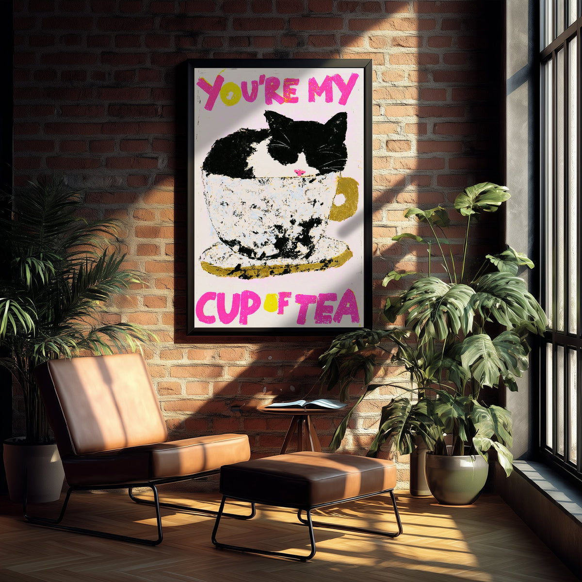 You're My Cup of Tea Cat Print - Black and White Kitty in Teacup Poster - Pink Pastel Illustration