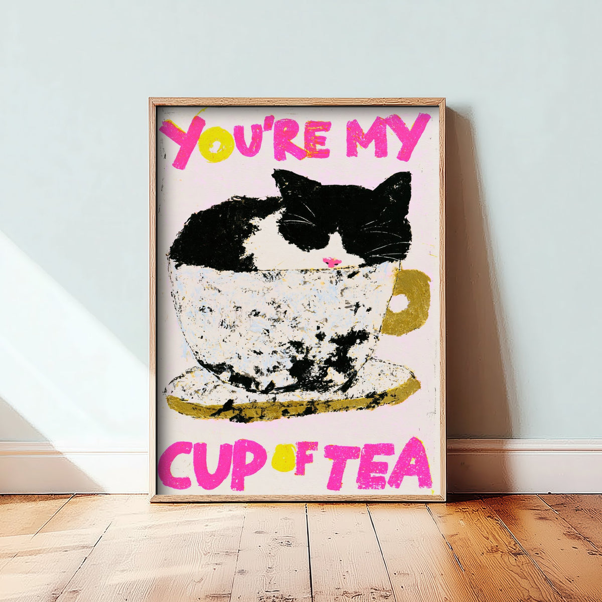 You're My Cup of Tea Cat Print - Black and White Kitty in Teacup Poster - Pink Pastel Illustration