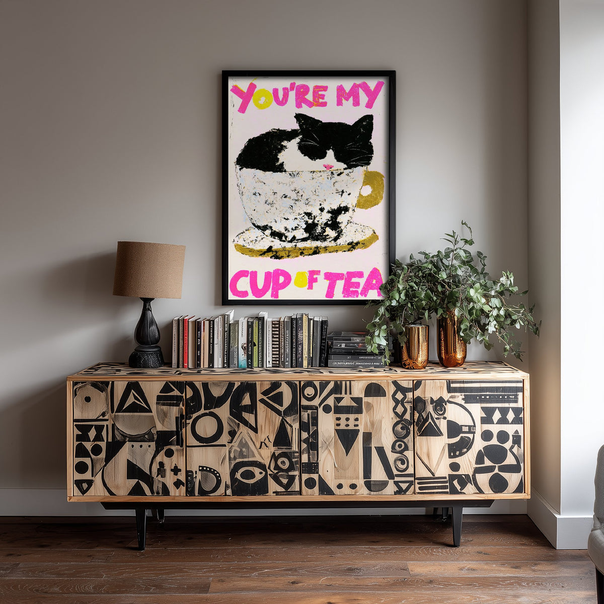 You're My Cup of Tea Cat Print - Black and White Kitty in Teacup Poster - Pink Pastel Illustration