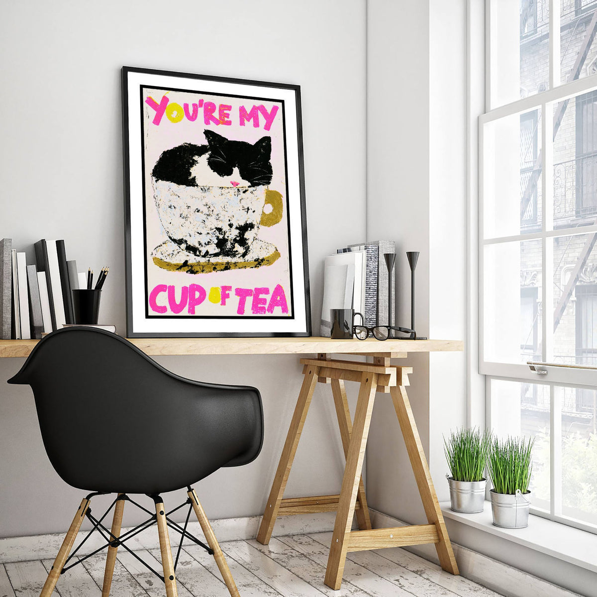 You're My Cup of Tea Cat Print - Black and White Kitty in Teacup Poster - Pink Pastel Illustration