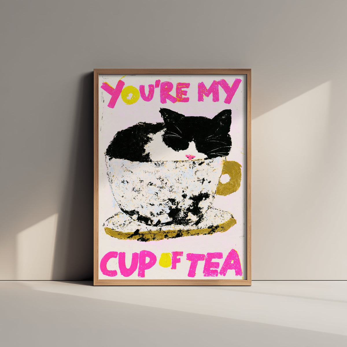 You're My Cup of Tea Cat Print - Black and White Kitty in Teacup Poster - Pink Pastel Illustration