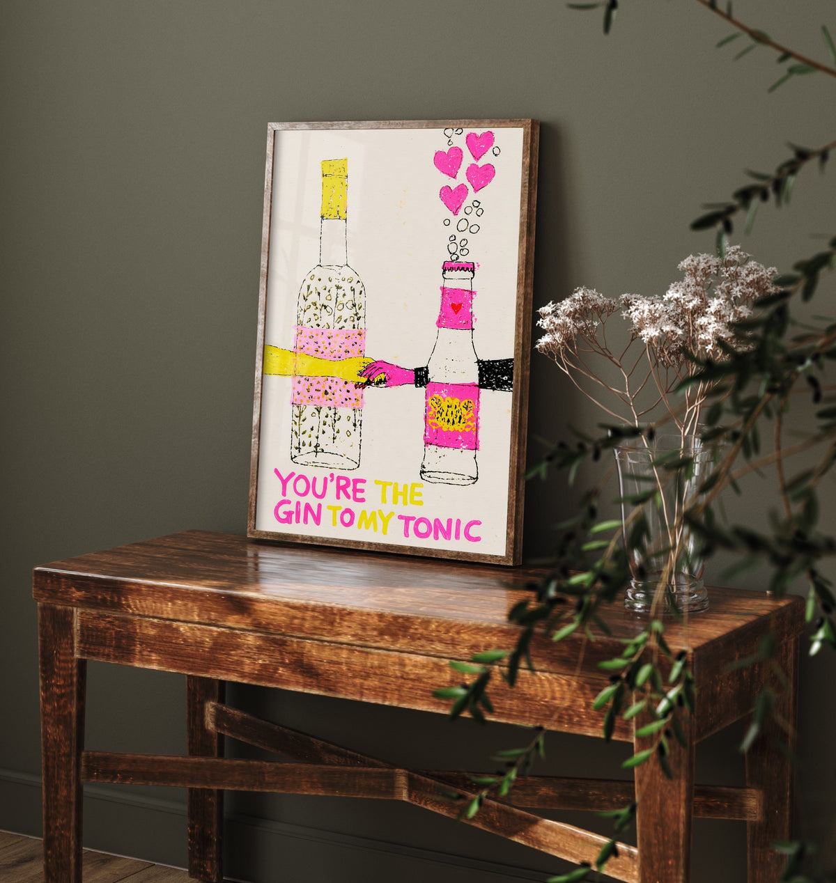You're the Gin to My Tonic Art Print - Gin and Tonic Love Poster - Pink Bar Cart Illustration
