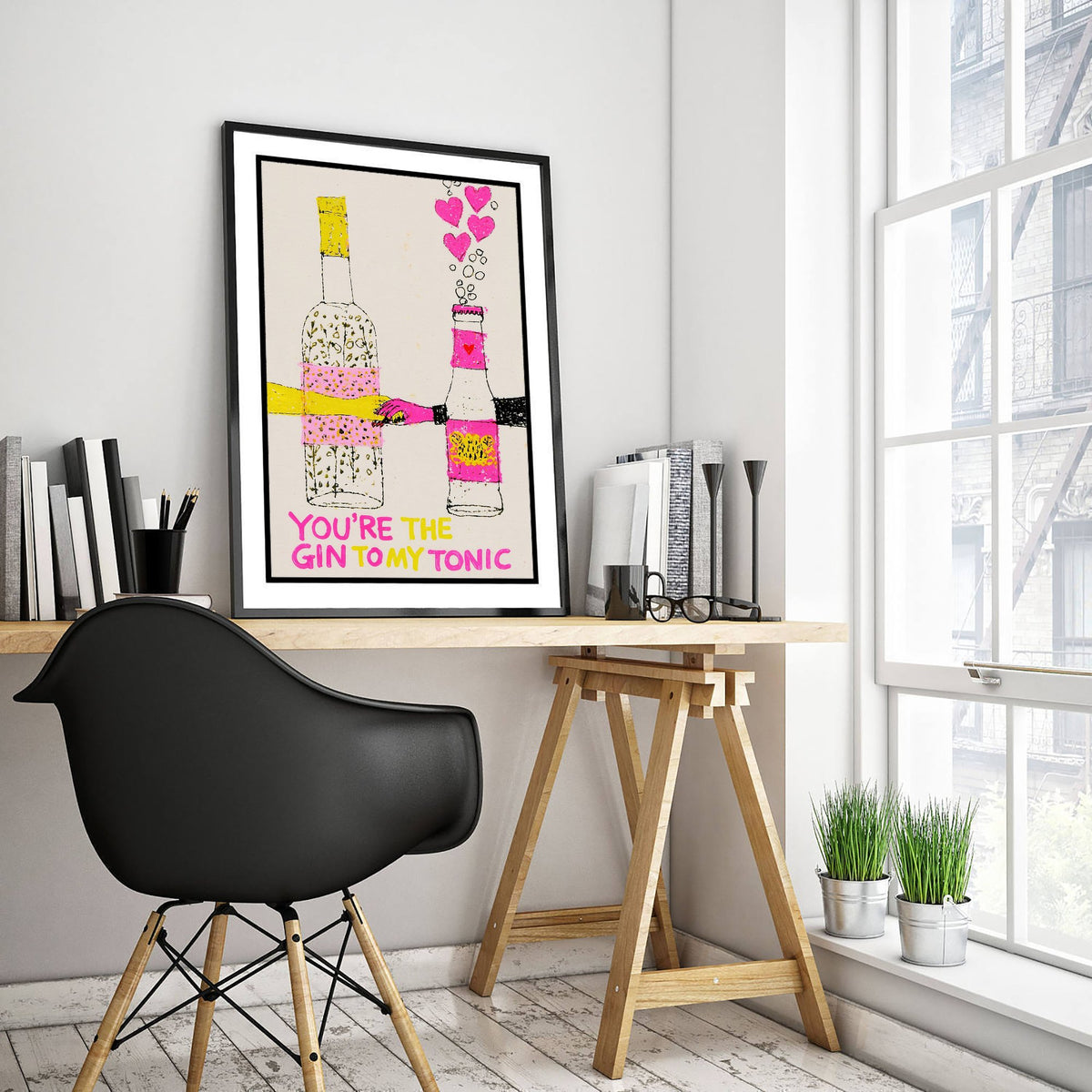 You're the Gin to My Tonic Art Print - Gin and Tonic Love Poster - Pink Bar Cart Illustration