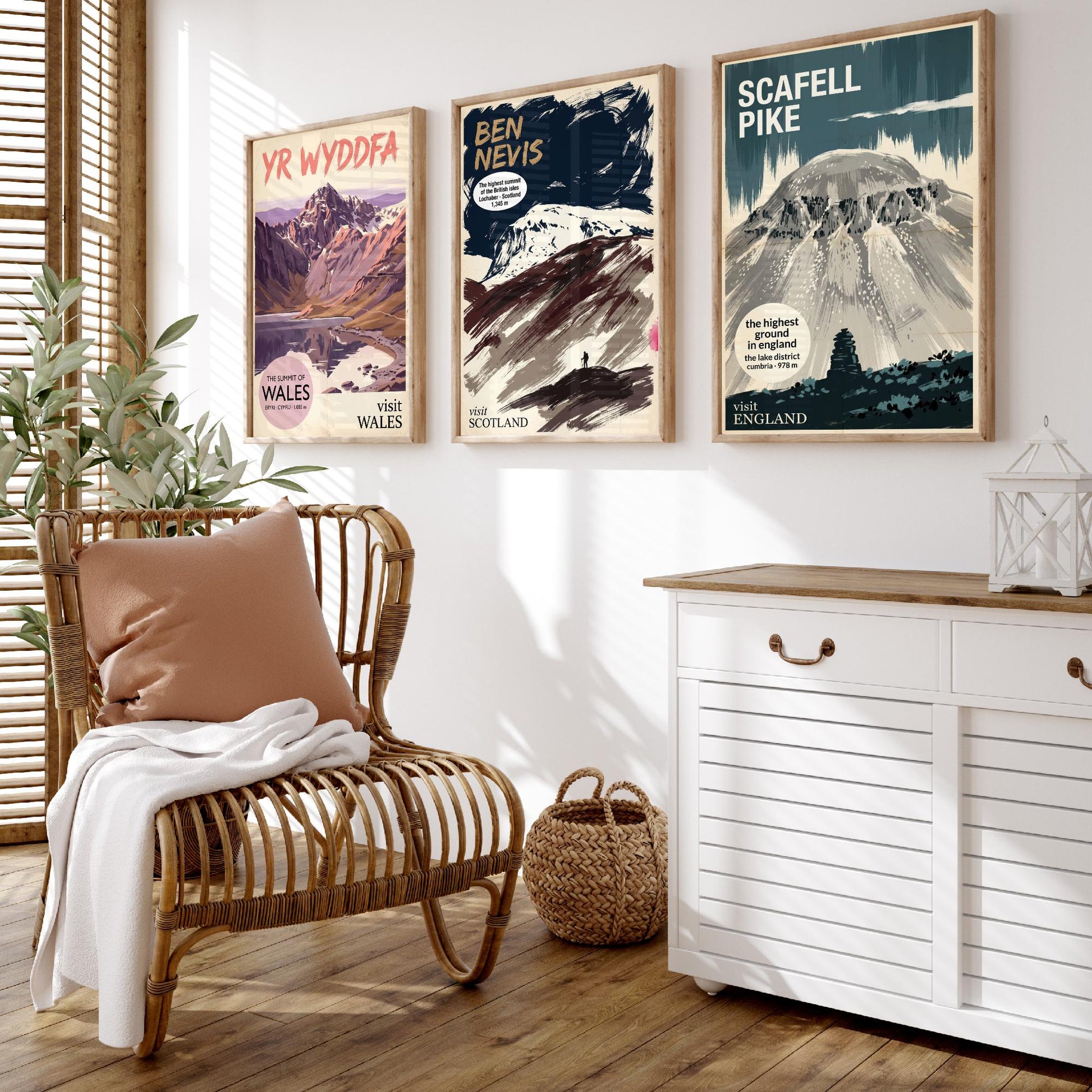 Yr Wyddfa, Ben Nevis and Scafell Pike Set of Three Art Prints - National Summits Vintage Travel Posters - Gouache Mountain Painting V2