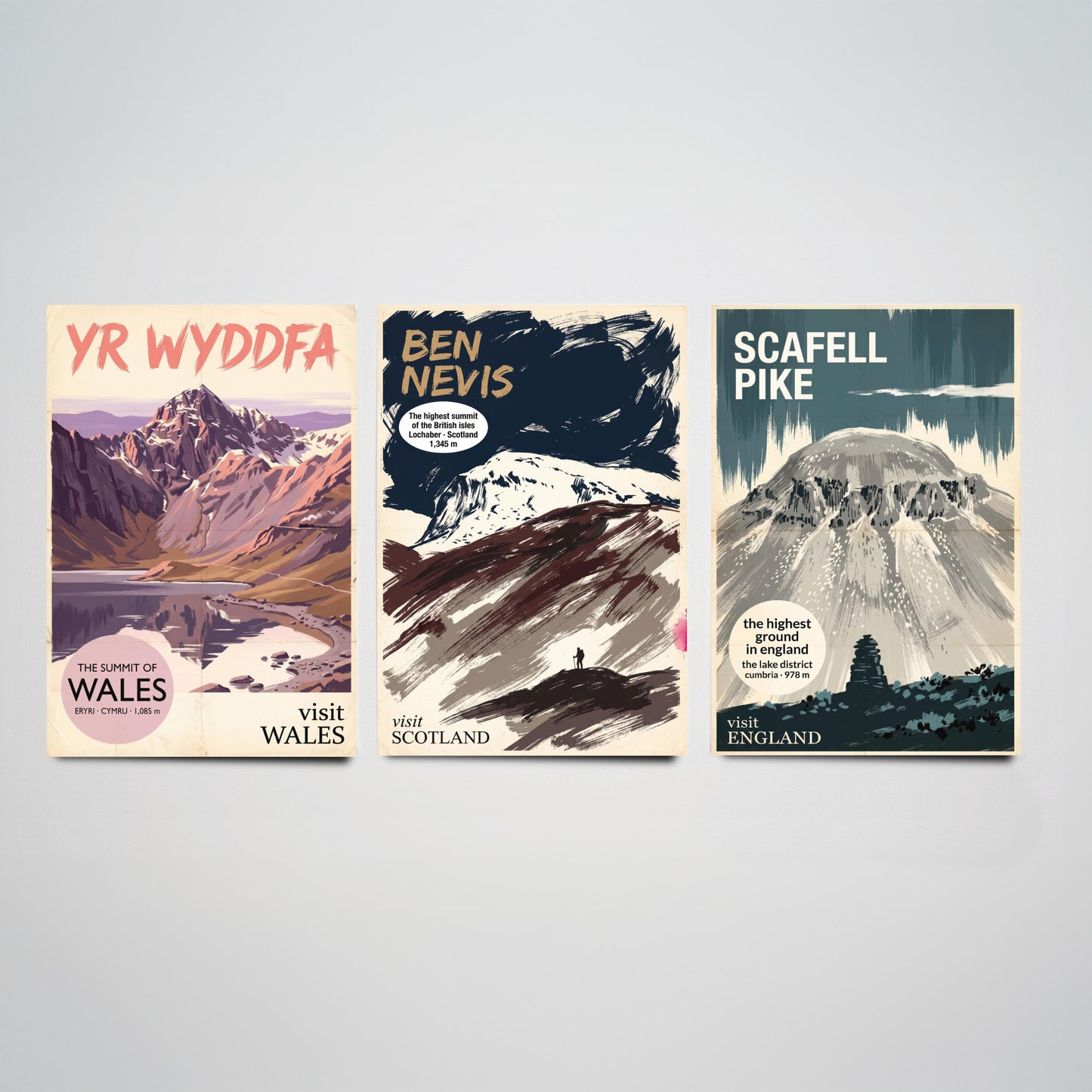 Yr Wyddfa, Ben Nevis and Scafell Pike Set of Three Art Prints - National Summits Vintage Travel Posters - Gouache Mountain Painting V2