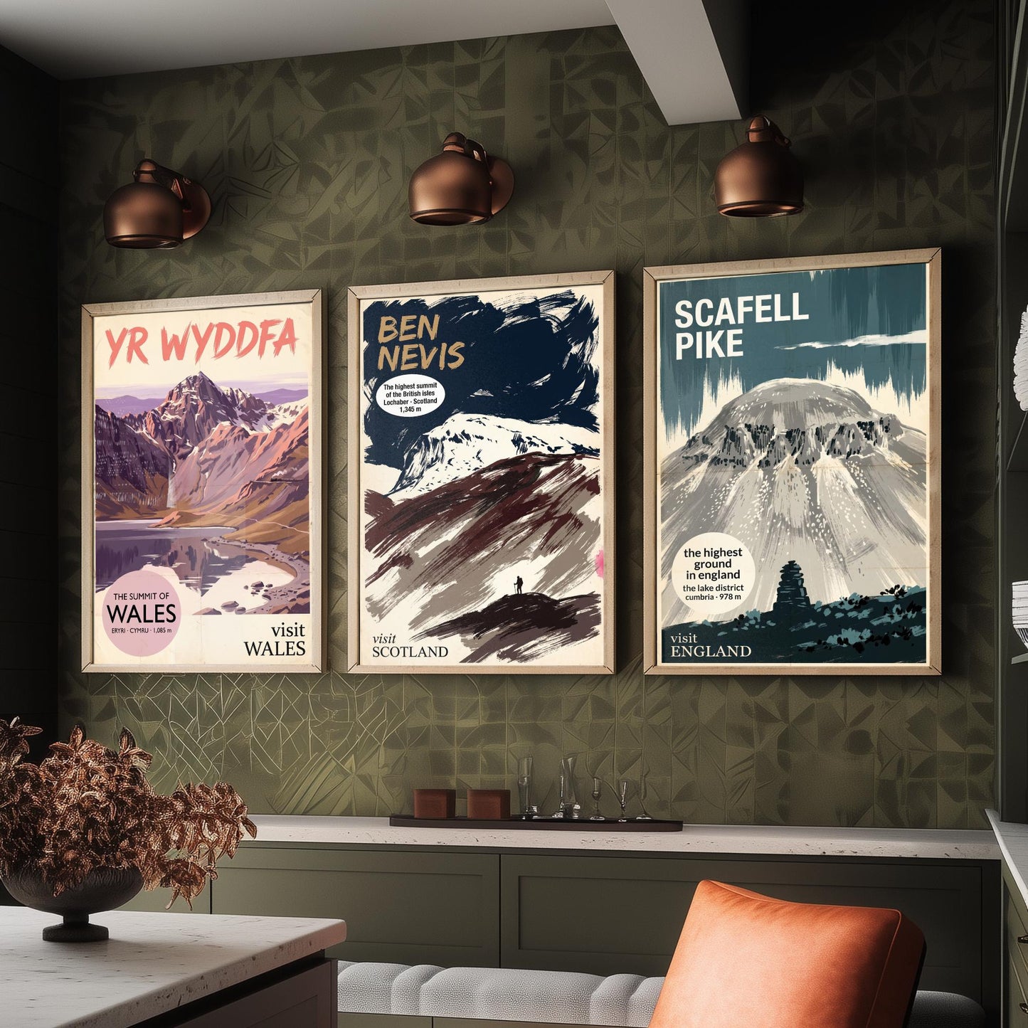 Yr Wyddfa, Ben Nevis and Scafell Pike Set of Three Art Prints - National Summits Vintage Travel Posters - Gouache Mountain Painting V2