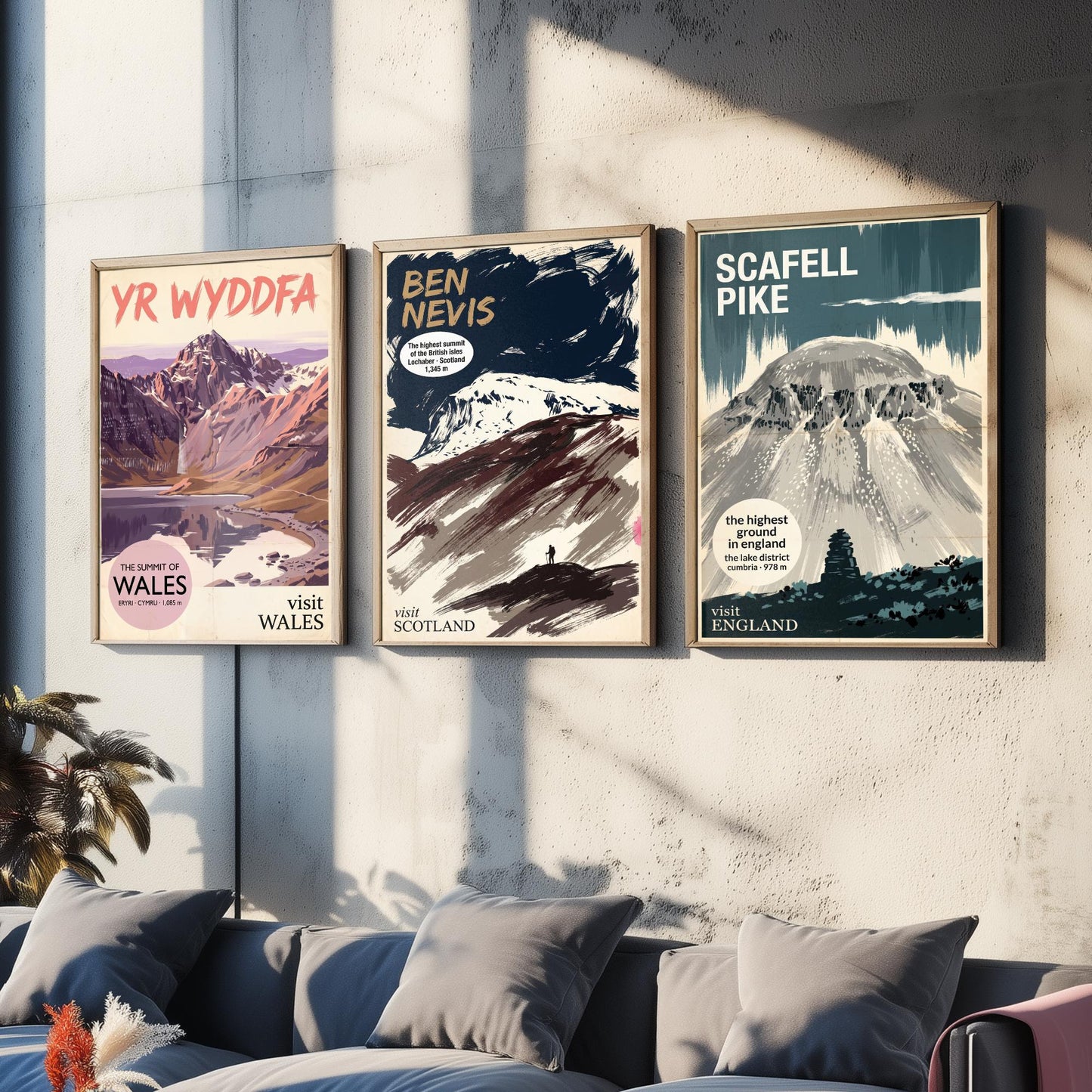 Yr Wyddfa, Ben Nevis and Scafell Pike Set of Three Art Prints - National Summits Vintage Travel Posters - Gouache Mountain Painting V2