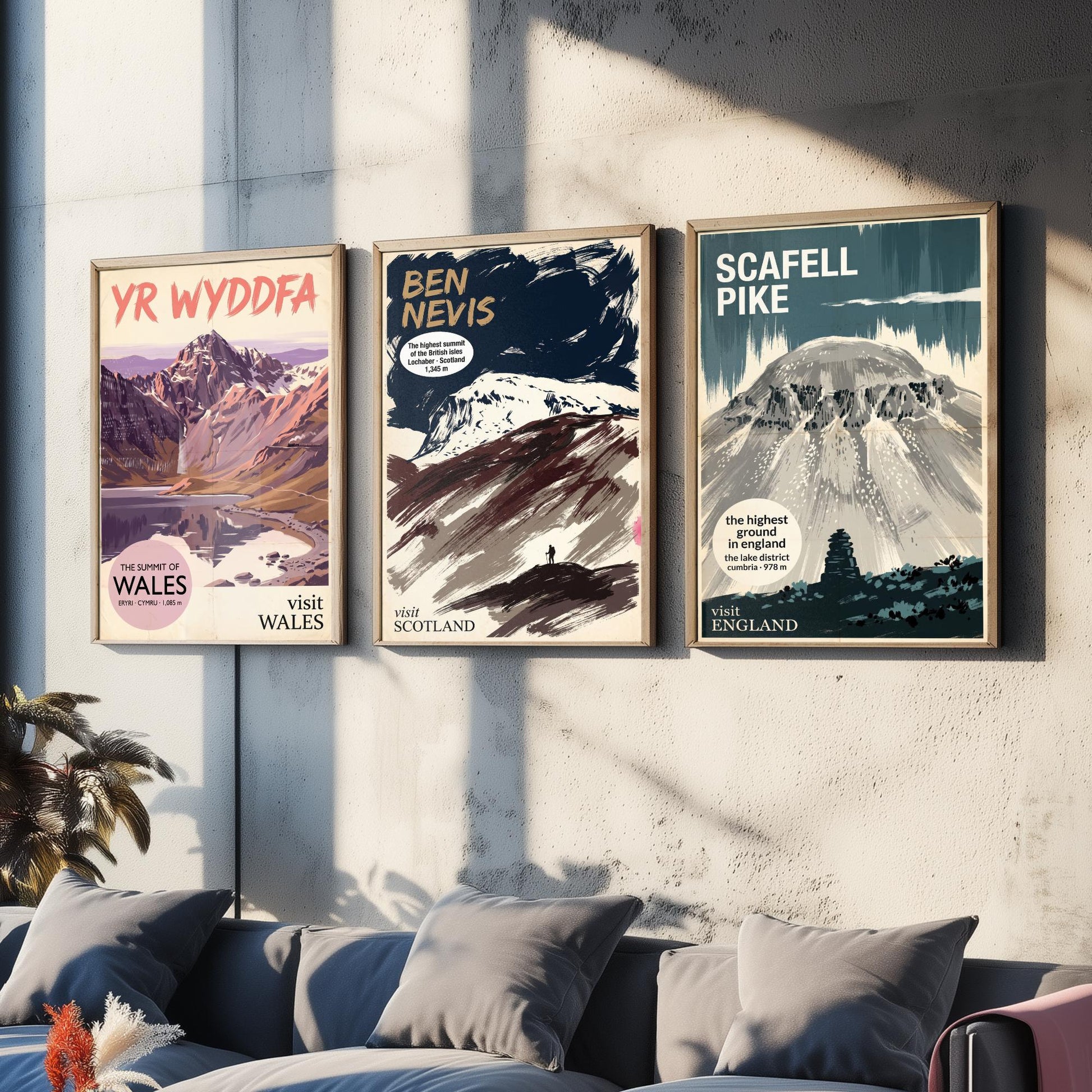 Yr Wyddfa, Ben Nevis and Scafell Pike Set of Three Art Prints - National Summits Vintage Travel Posters - Gouache Mountain Painting V2