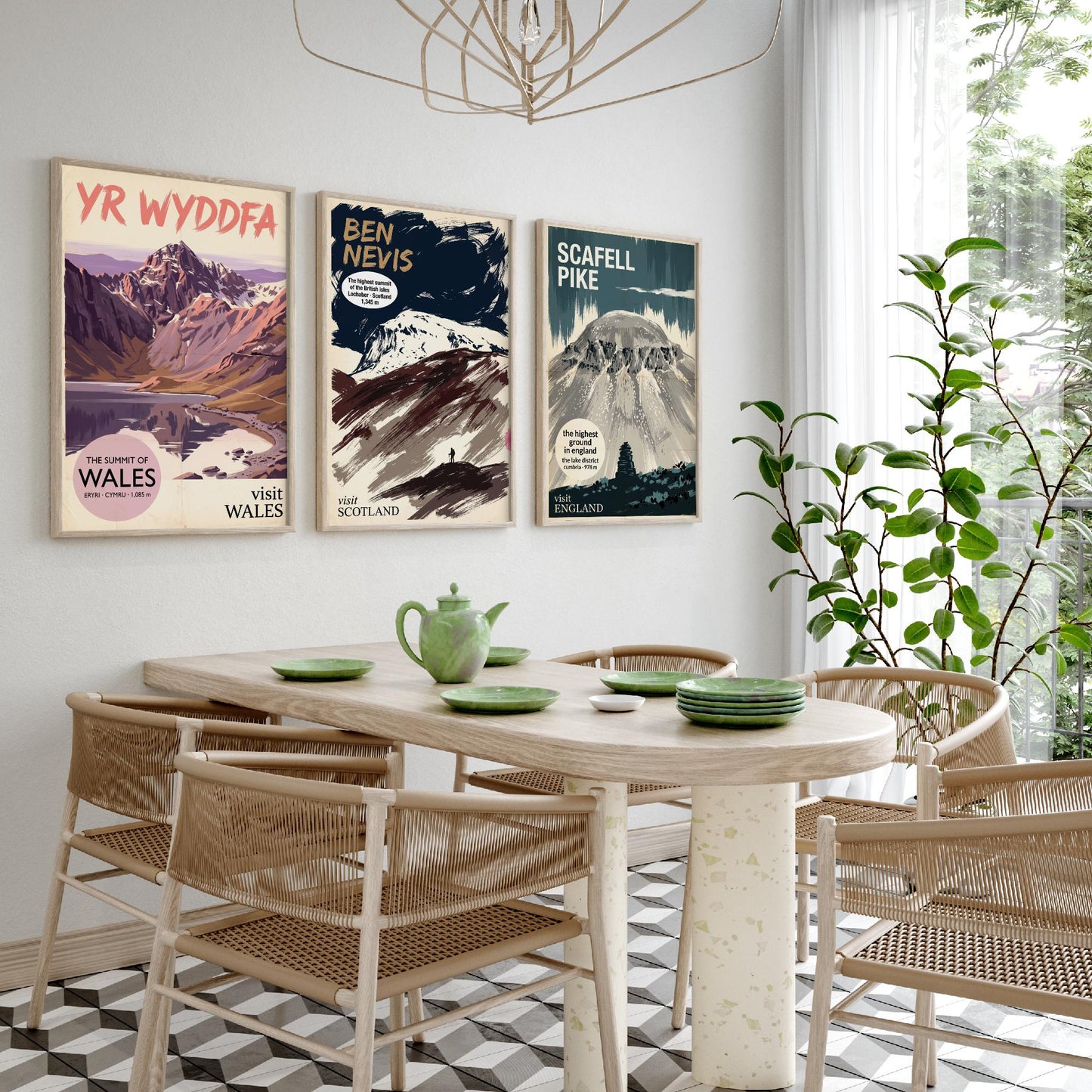 Yr Wyddfa, Ben Nevis and Scafell Pike Set of Three Art Prints - National Summits Vintage Travel Posters - Gouache Mountain Painting V2