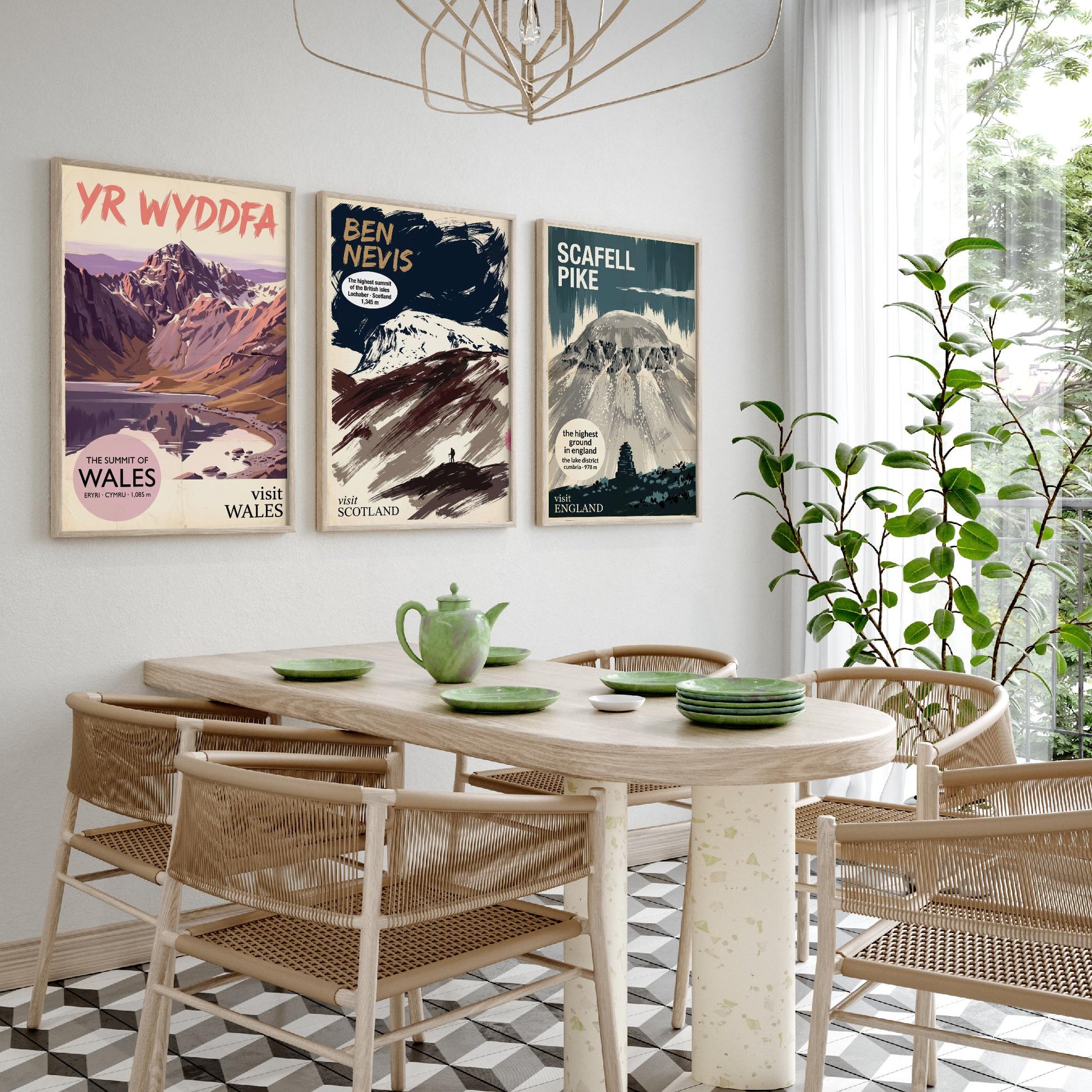 Yr Wyddfa, Ben Nevis and Scafell Pike Set of Three Art Prints - National Summits Vintage Travel Posters - Gouache Mountain Painting V2