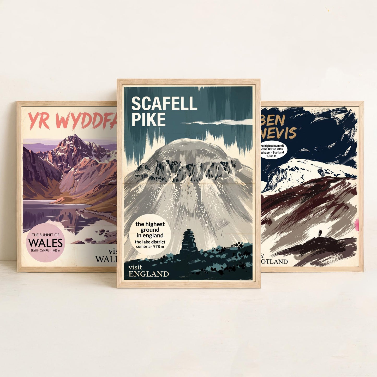 Yr Wyddfa, Ben Nevis and Scafell Pike Set of Three Art Prints - National Summits Vintage Travel Posters - Gouache Mountain Painting V2