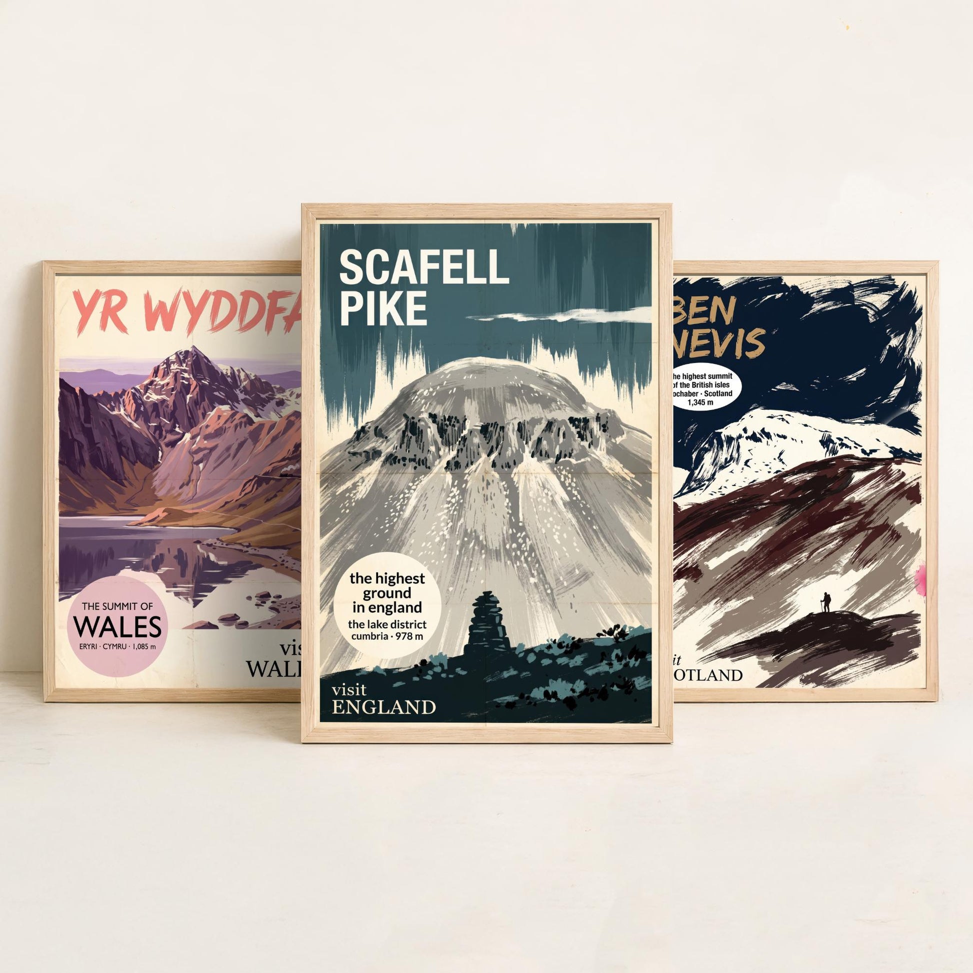Yr Wyddfa, Ben Nevis and Scafell Pike Set of Three Art Prints - National Summits Vintage Travel Posters - Gouache Mountain Painting V2