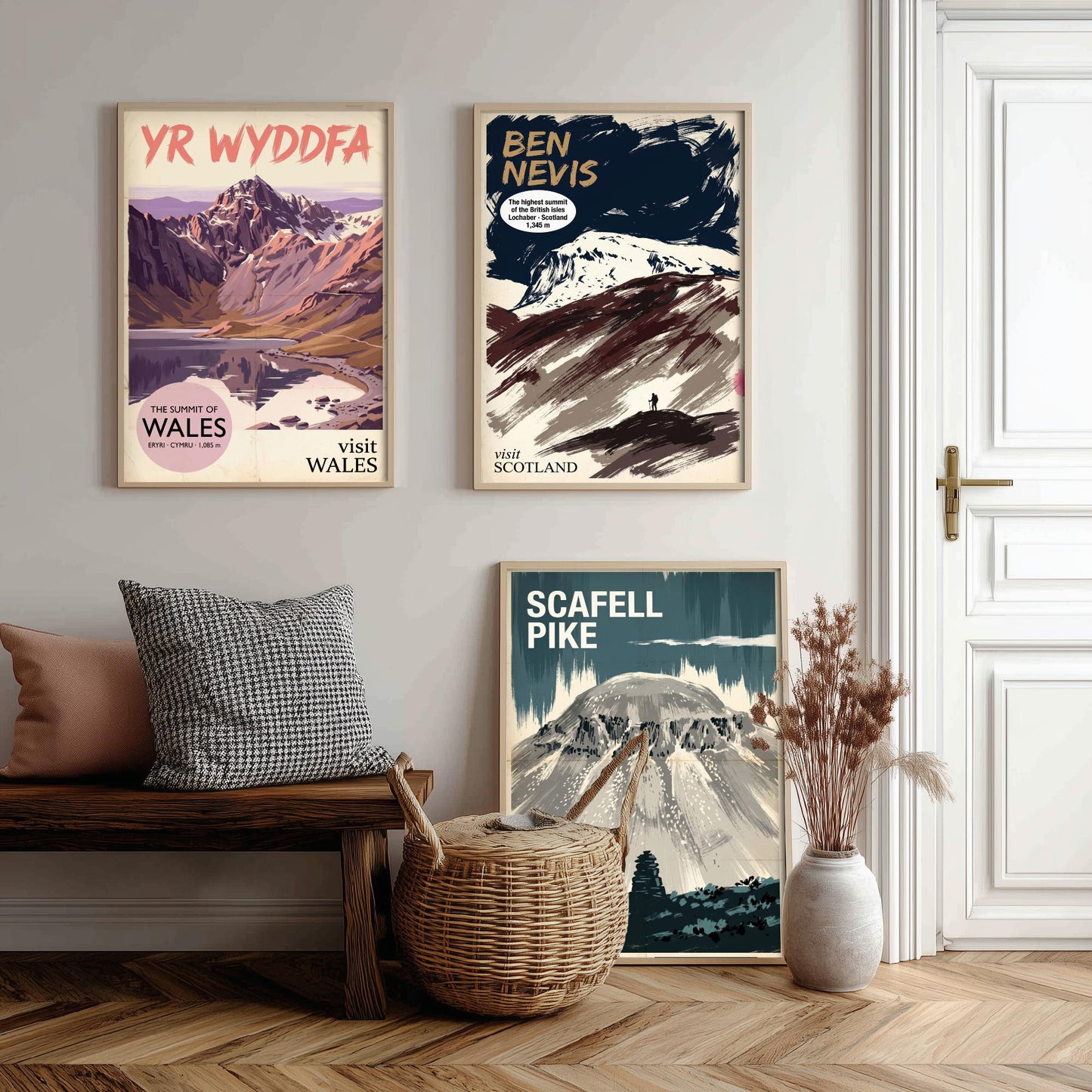 Yr Wyddfa, Ben Nevis and Scafell Pike Set of Three Art Prints - National Summits Vintage Travel Posters - Gouache Mountain Painting V2