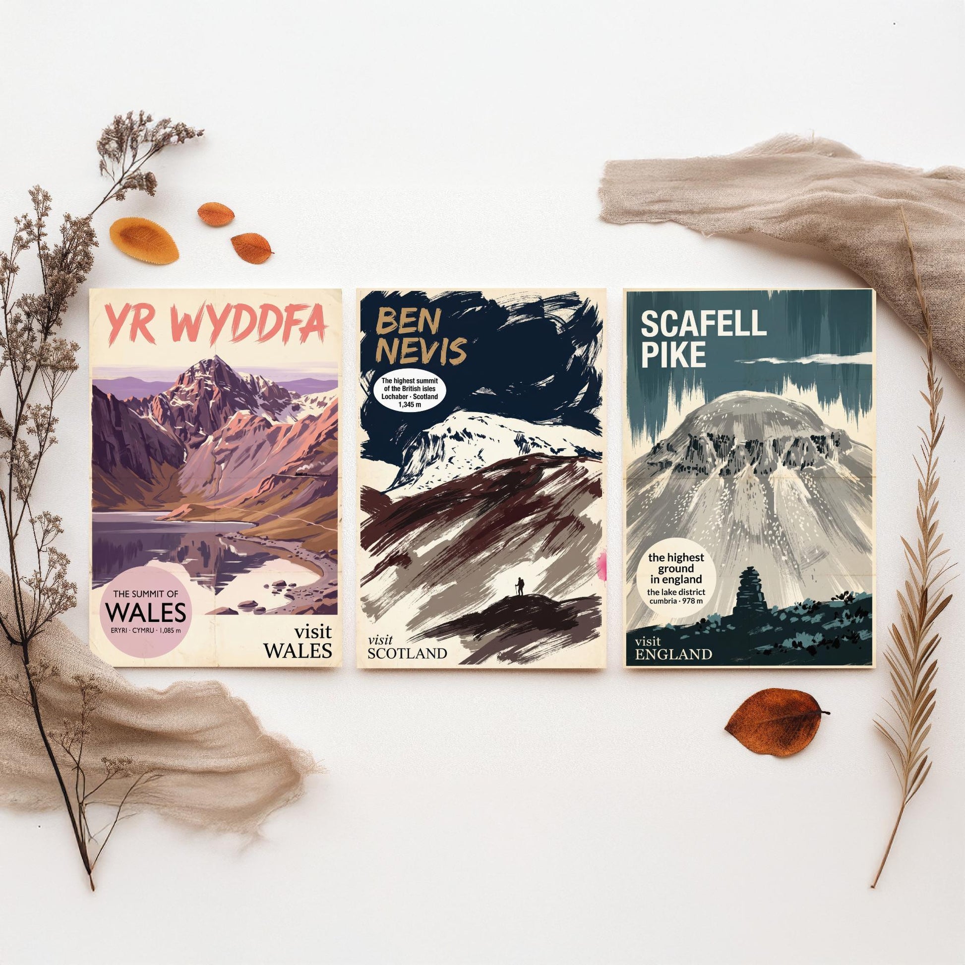Yr Wyddfa, Ben Nevis and Scafell Pike Set of Three Art Prints - National Summits Vintage Travel Posters - Gouache Mountain Painting V2