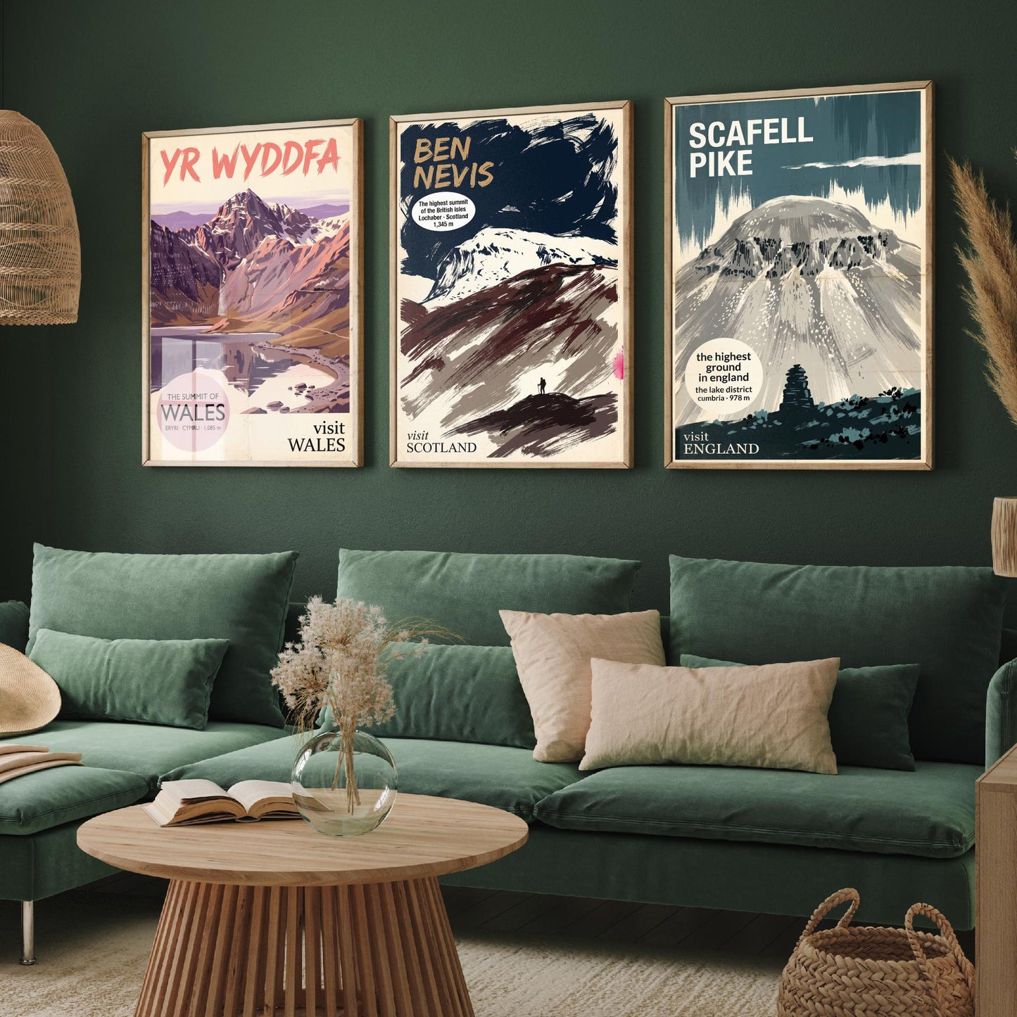 Yr Wyddfa, Ben Nevis and Scafell Pike Set of Three Art Prints - National Summits Vintage Travel Posters - Gouache Mountain Painting V2