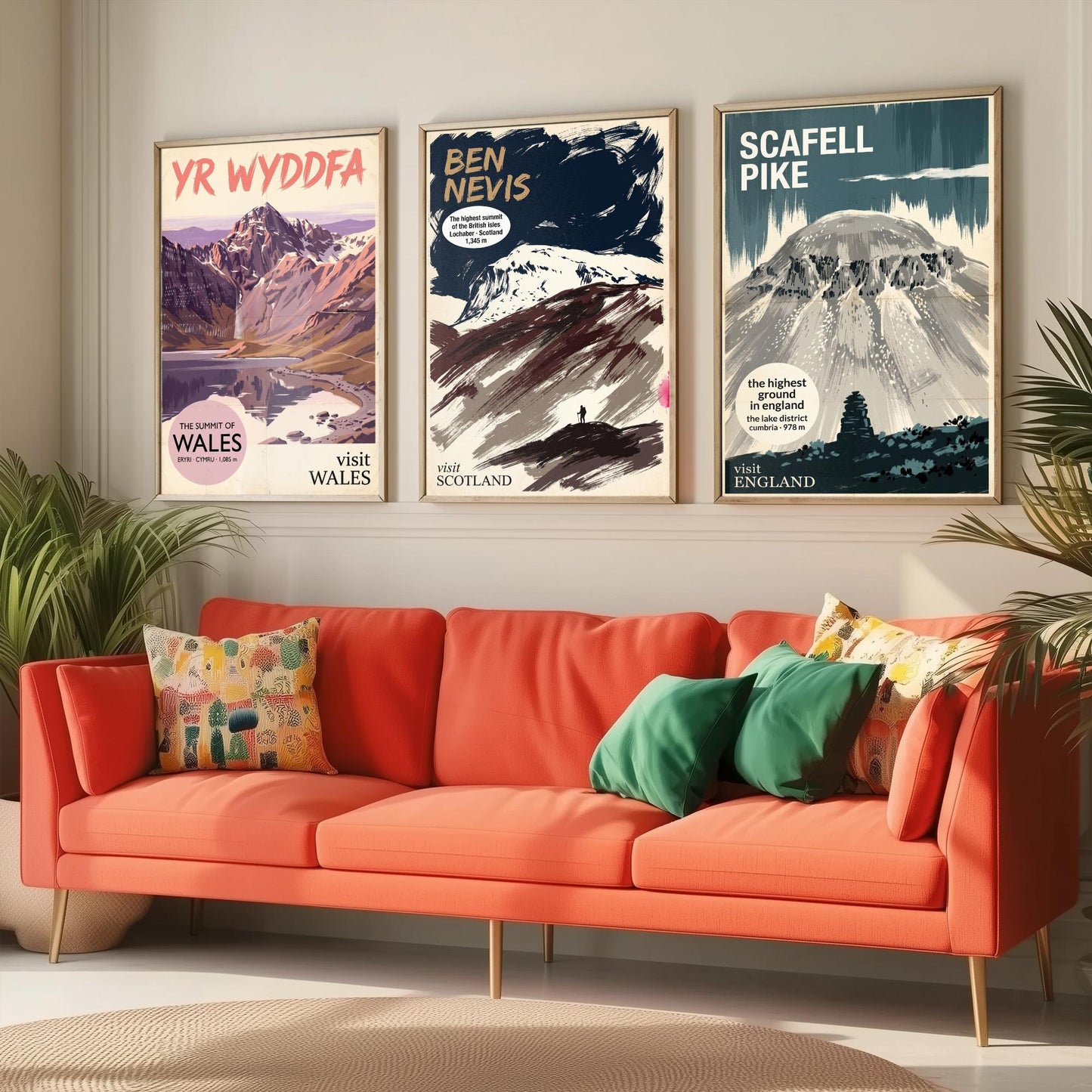 Yr Wyddfa, Ben Nevis and Scafell Pike Set of Three Art Prints - National Summits Vintage Travel Posters - Gouache Mountain Painting V2