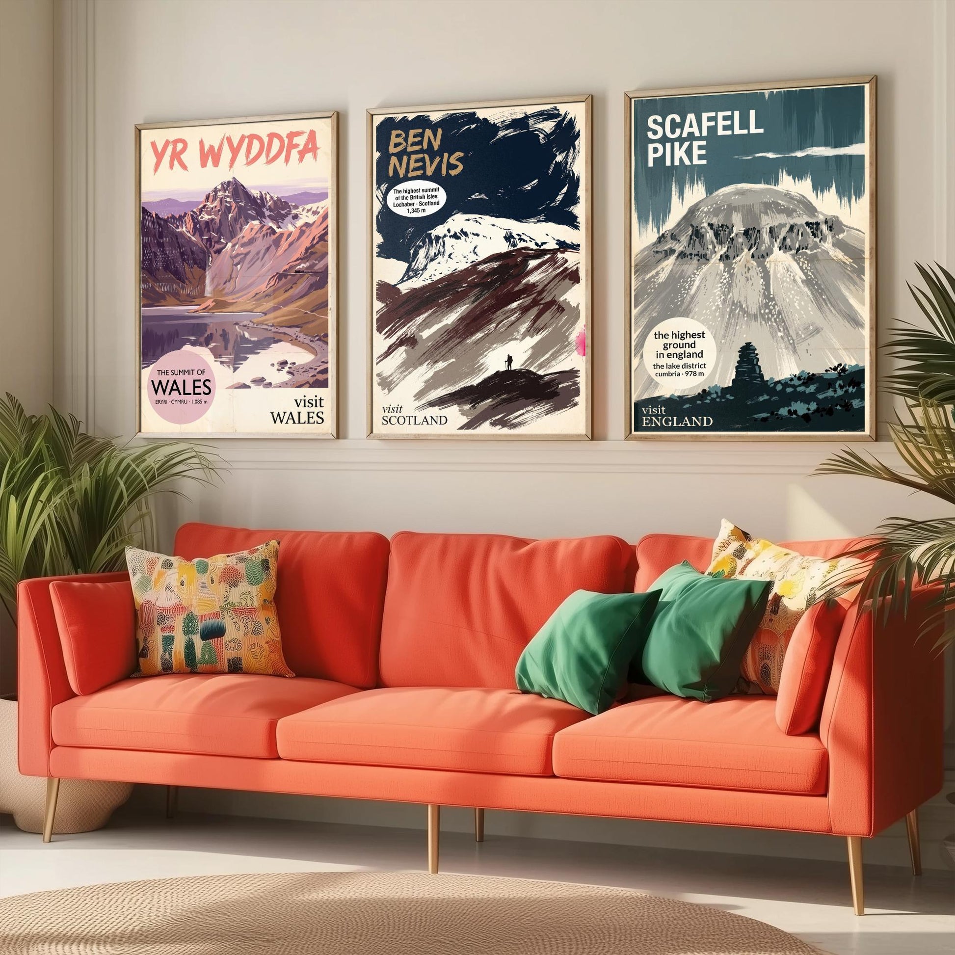 Yr Wyddfa, Ben Nevis and Scafell Pike Set of Three Art Prints - National Summits Vintage Travel Posters - Gouache Mountain Painting V2