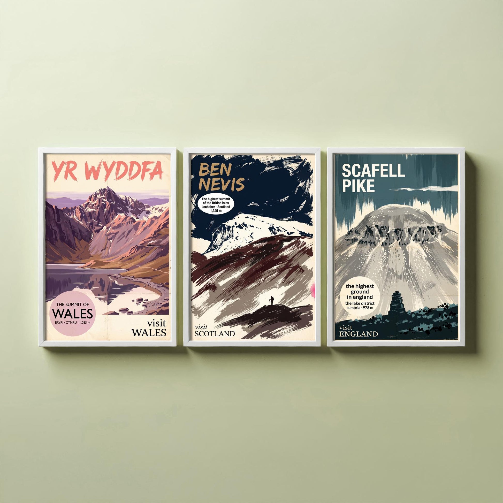 Yr Wyddfa, Ben Nevis and Scafell Pike Set of Three Art Prints - National Summits Vintage Travel Posters - Gouache Mountain Painting V2