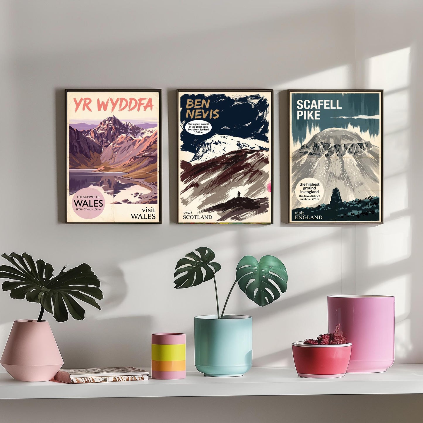 Yr Wyddfa, Ben Nevis and Scafell Pike Set of Three Art Prints - National Summits Vintage Travel Posters - Gouache Mountain Painting V2