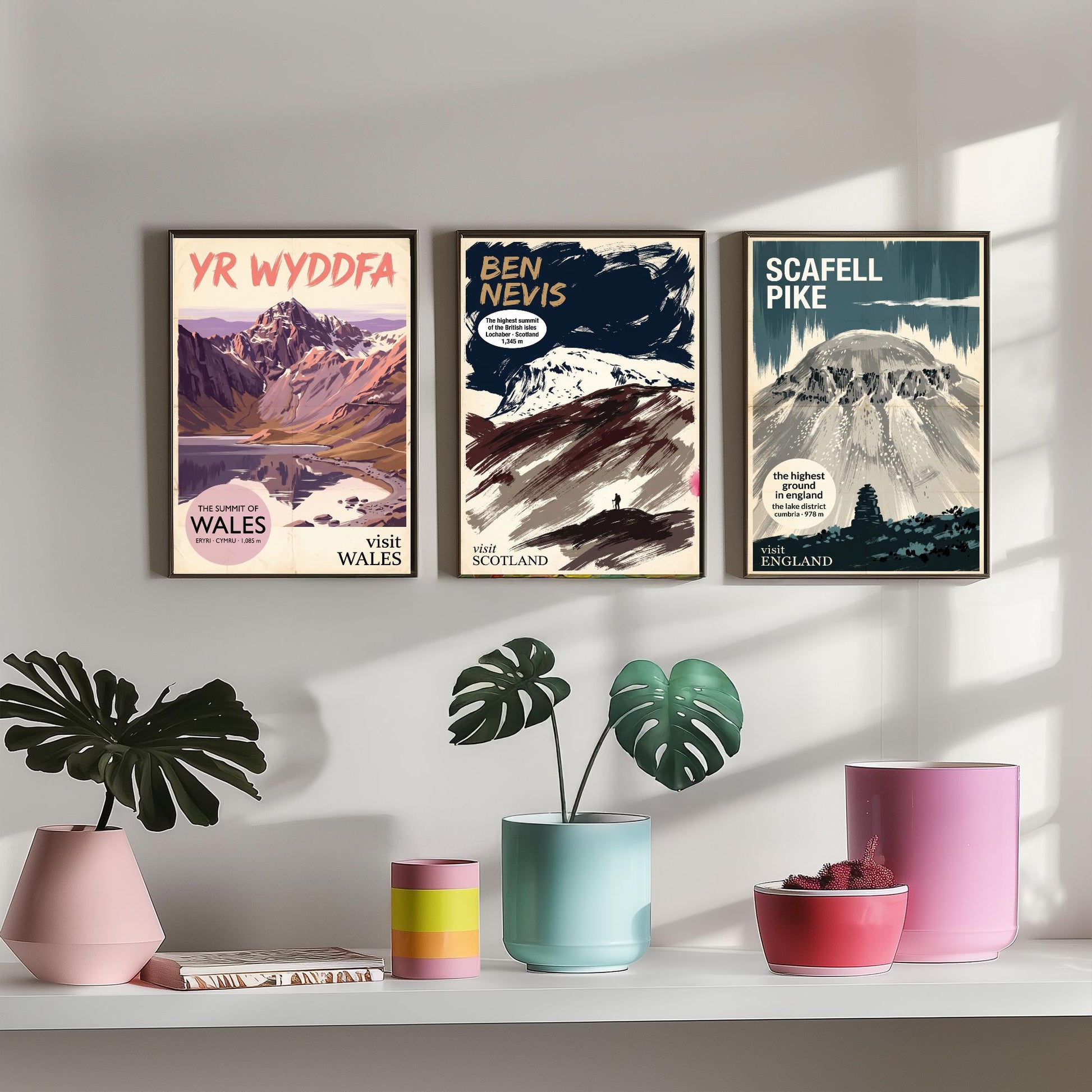 Yr Wyddfa, Ben Nevis and Scafell Pike Set of Three Art Prints - National Summits Vintage Travel Posters - Gouache Mountain Painting V2