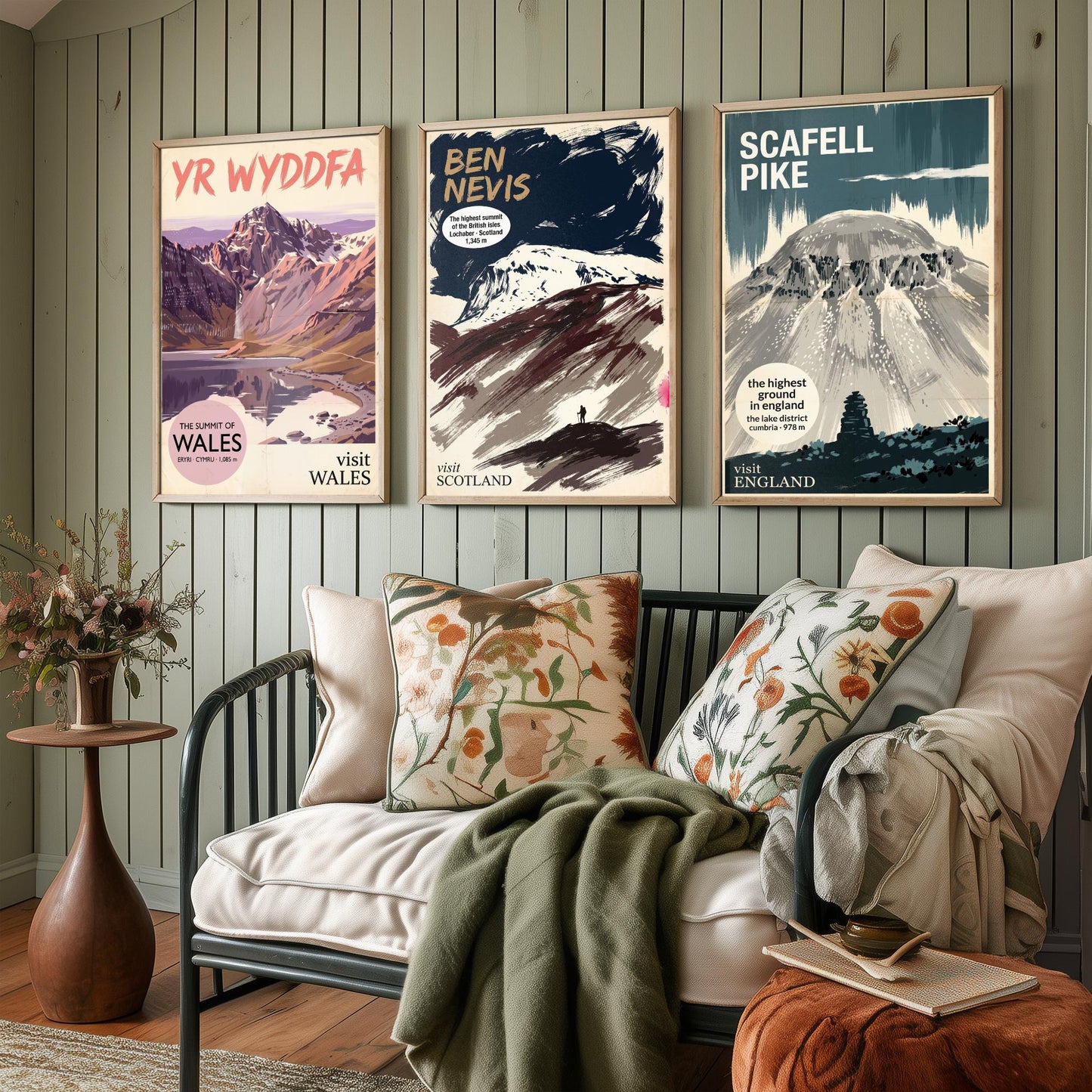Yr Wyddfa, Ben Nevis and Scafell Pike Set of Three Art Prints - National Summits Vintage Travel Posters - Gouache Mountain Painting V2