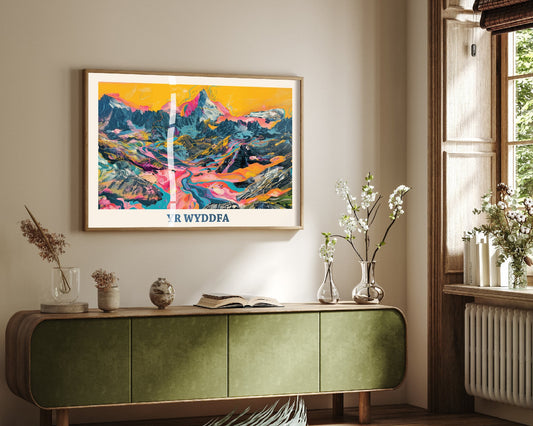 Yr Wyddfa Snowdon Travel Poster - Ludwig Flow Art Print - Marbled Pink Yellow Blue Mountain Illustration - Wales Landscape Format