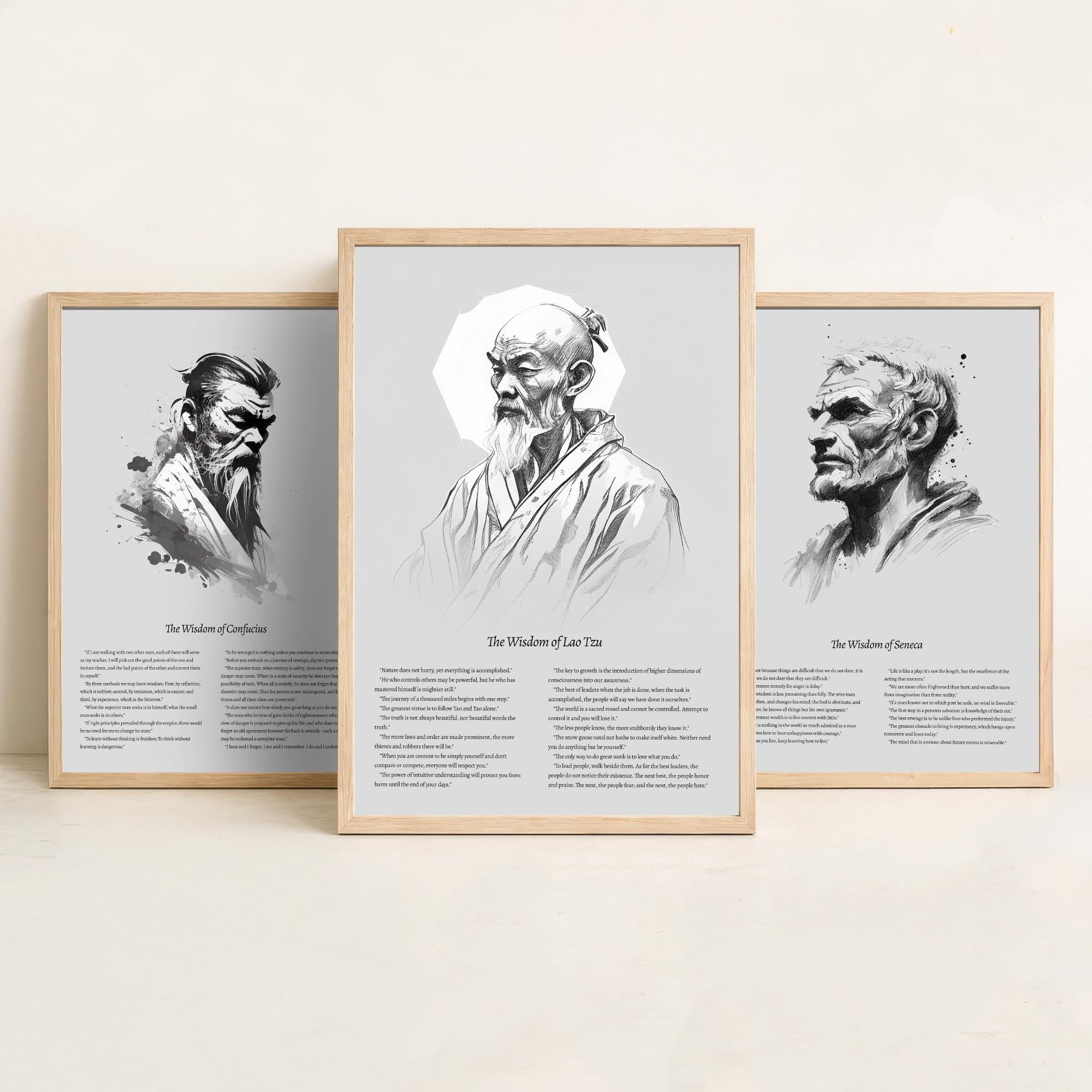 Ink Button Drawing Confucius, Seneca, Lao Tzu Wisdom Set of 3 Prints - Ink Quote Poster ...