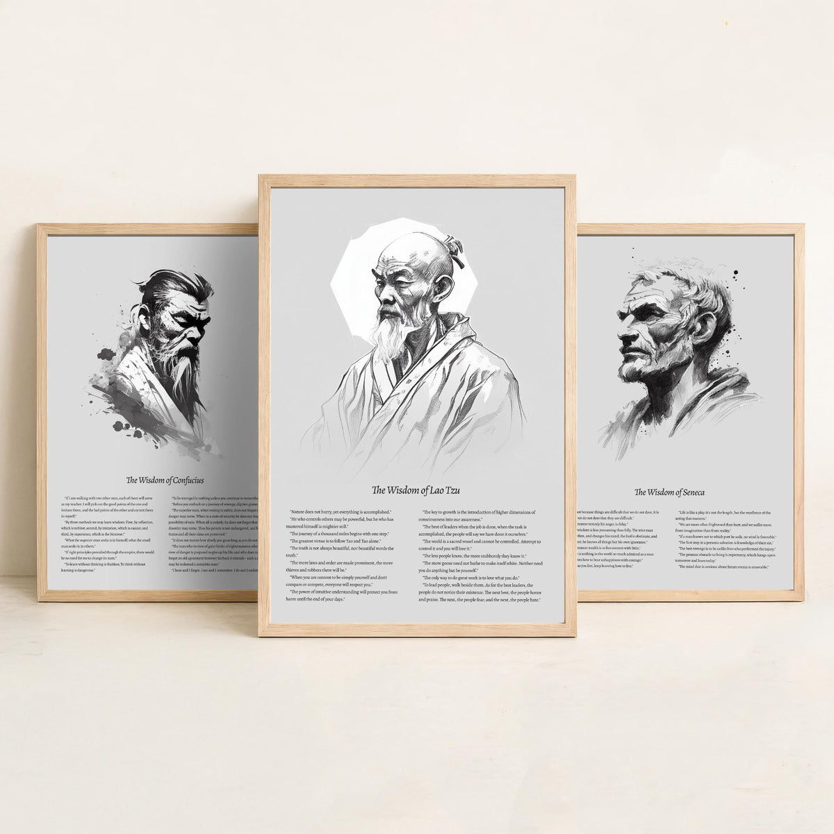 Confucius, Seneca and Lao Tzu Set of Three Art Prints - Wisdom Quotes Poster - Zen Ink Sketch Drawing