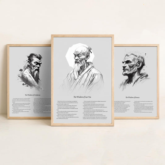 Confucius, Seneca and Lao Tzu Set of Three Art Prints - Wisdom Quotes Poster - Zen Ink Sketch Drawing