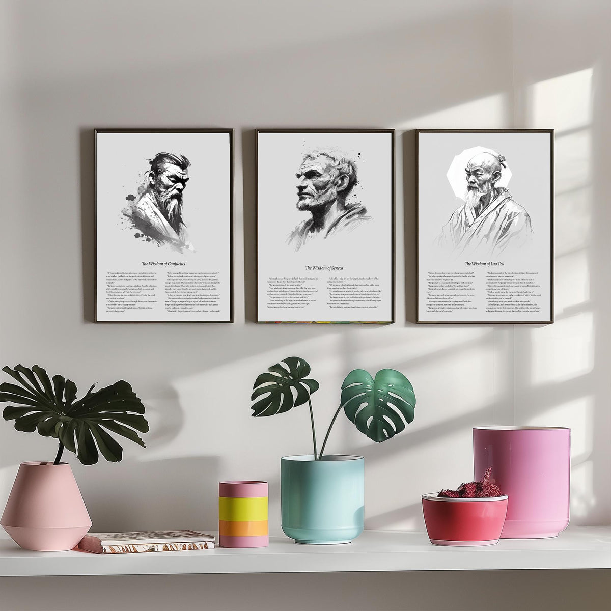 Confucius, Seneca and Lao Tzu Set of Three Art Prints - Wisdom Quotes Poster - Zen Ink Sketch Drawing