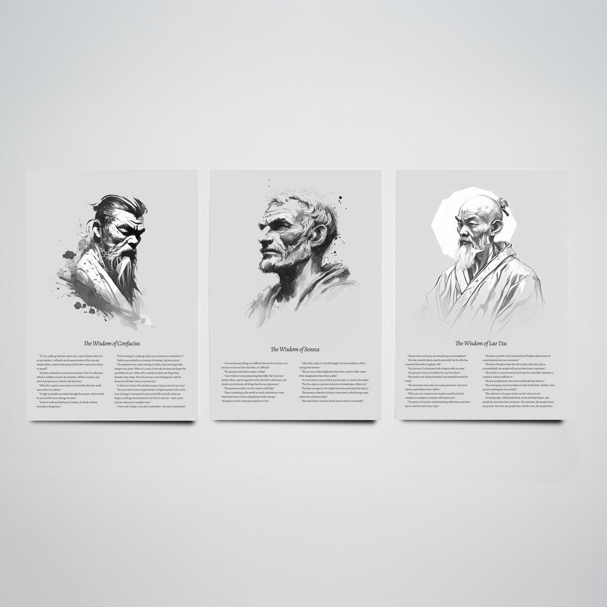 Confucius, Seneca and Lao Tzu Set of Three Art Prints - Wisdom Quotes Poster - Zen Ink Sketch Drawing