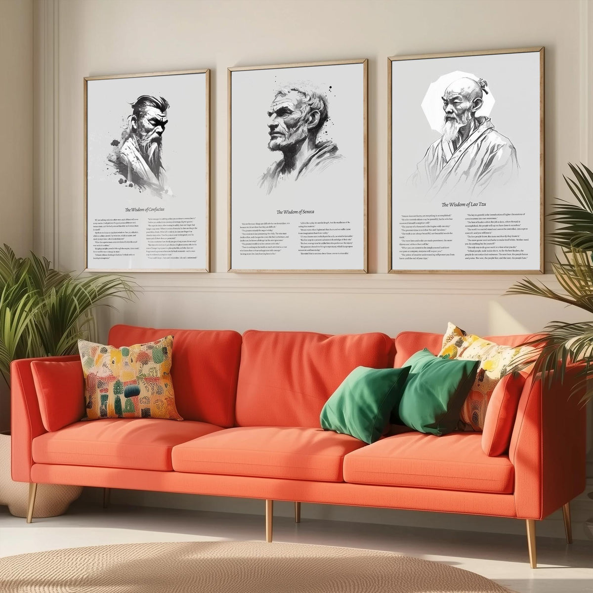 Confucius, Seneca and Lao Tzu Set of Three Art Prints - Wisdom Quotes Poster - Zen Ink Sketch Drawing