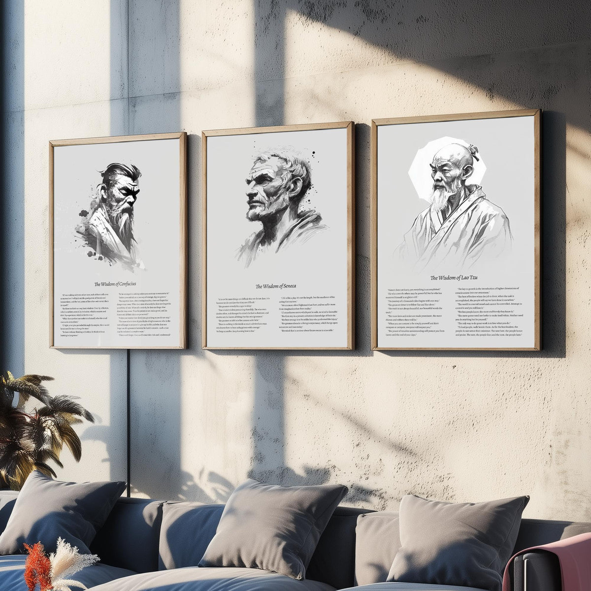 Confucius, Seneca and Lao Tzu Set of Three Art Prints - Wisdom Quotes Poster - Zen Ink Sketch Drawing