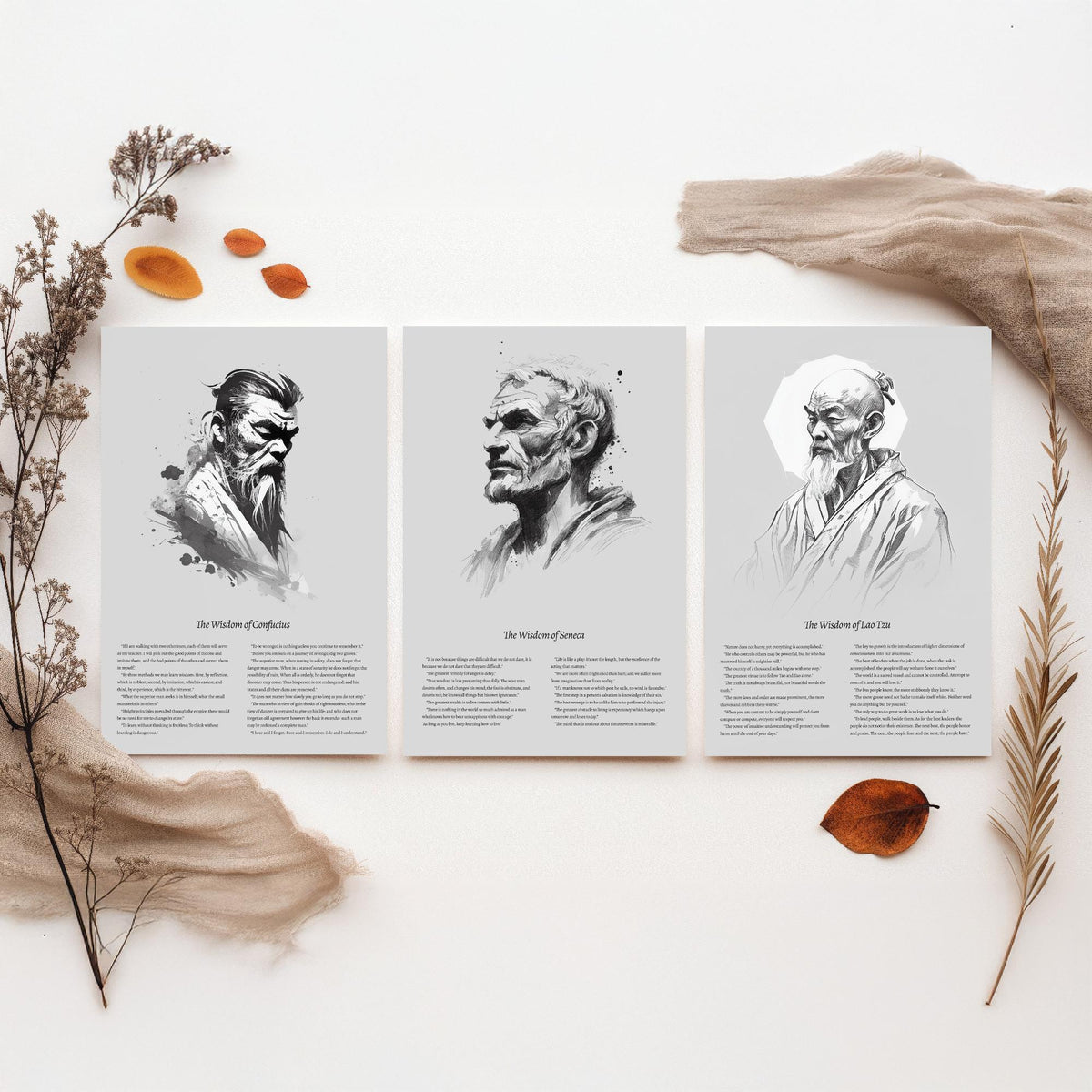 Confucius, Seneca and Lao Tzu Set of Three Art Prints - Wisdom Quotes Poster - Zen Ink Sketch Drawing